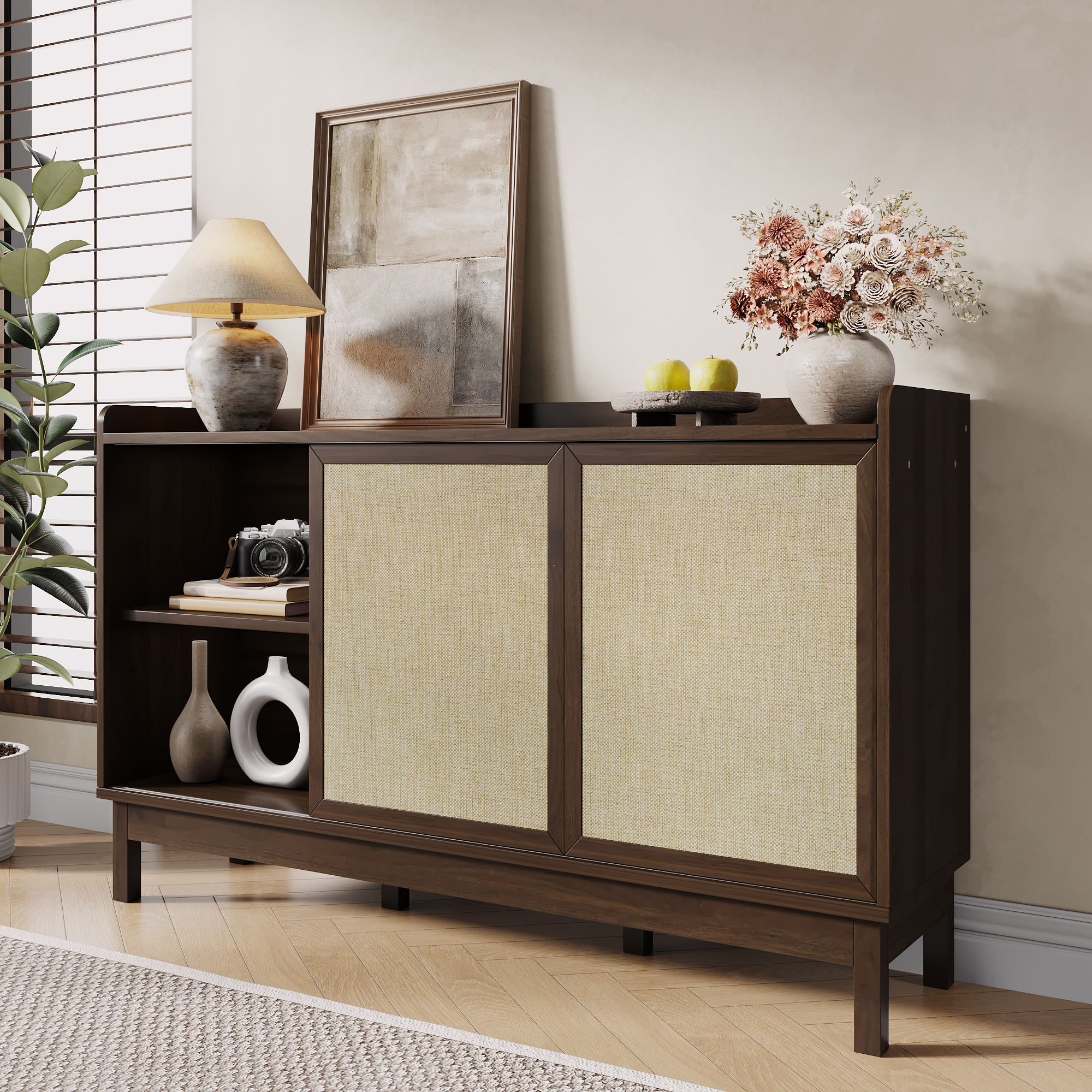 Buffet Entrée Contemporain Design Sans Poignées 2 Tiroirs Central Portes Latérales Rangement Ajustable