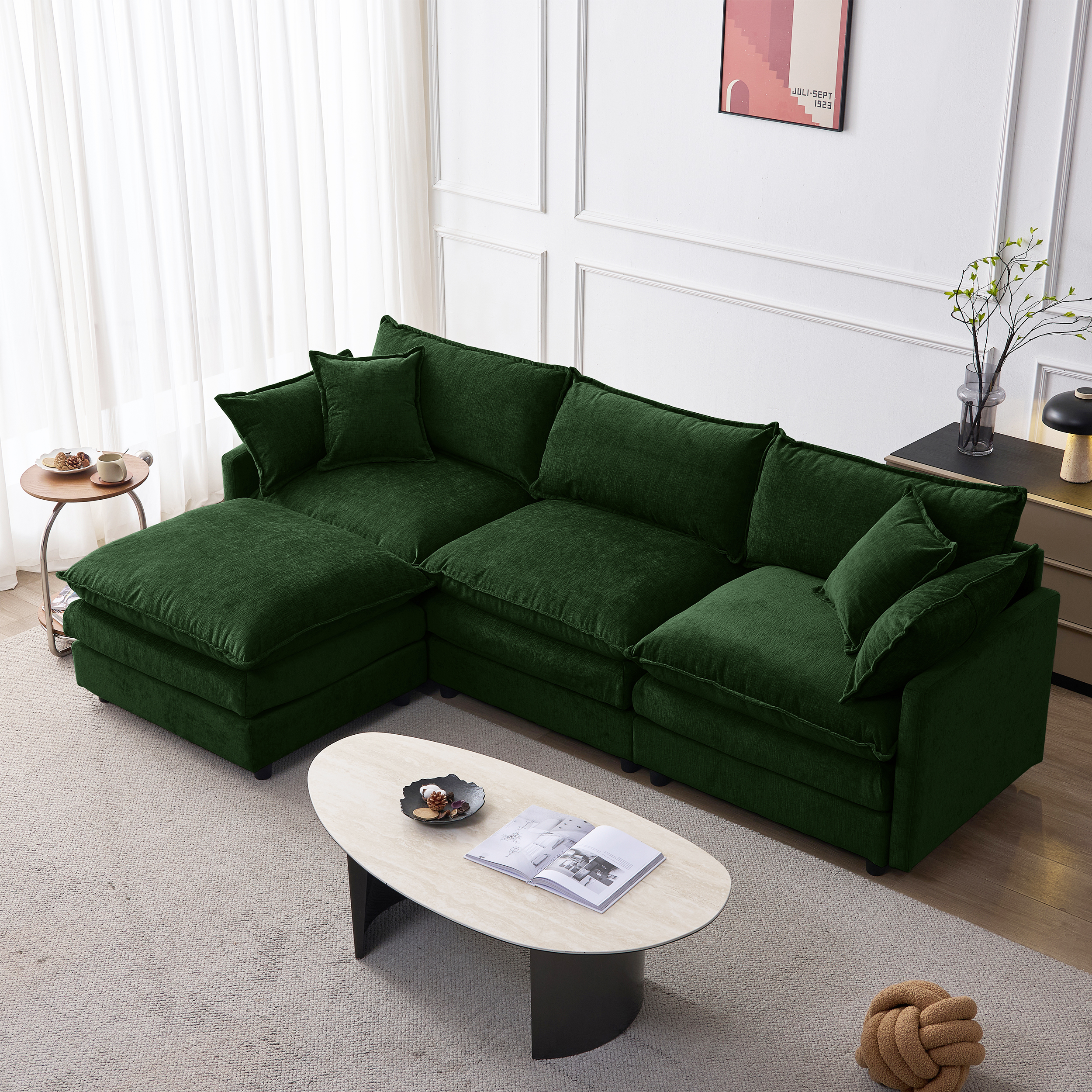 Canapé d'angle Modulable avec Méridienne, Repose-pieds Amovible pour Salon, Confort Rembourré Pocket Springs, Coussins Inclus