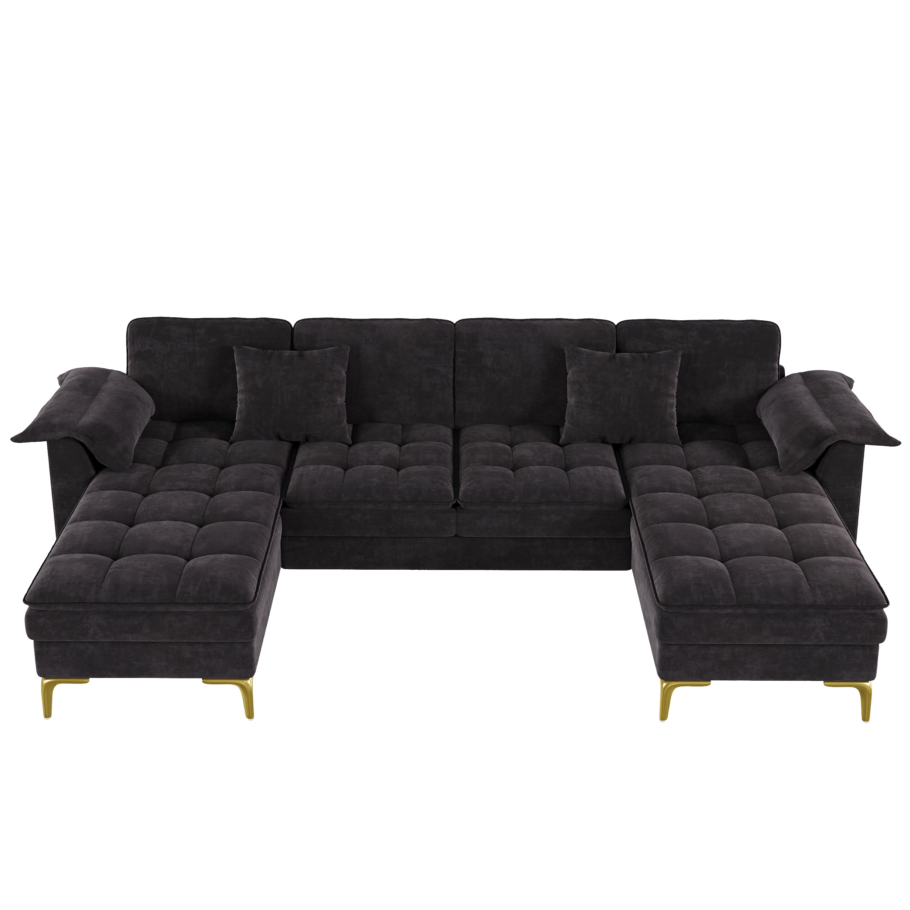 Canapé d'angle en U noir tissu chenille 4 places avec chaises longues et pieds métal doré, style cloud pour salon ou chambre