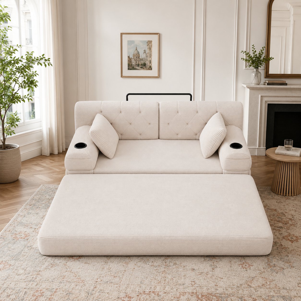 Canapé-lit 3 places en velours côtelé beige avec haut dossier, structure métallique et mousse haute densité, sans montage requis