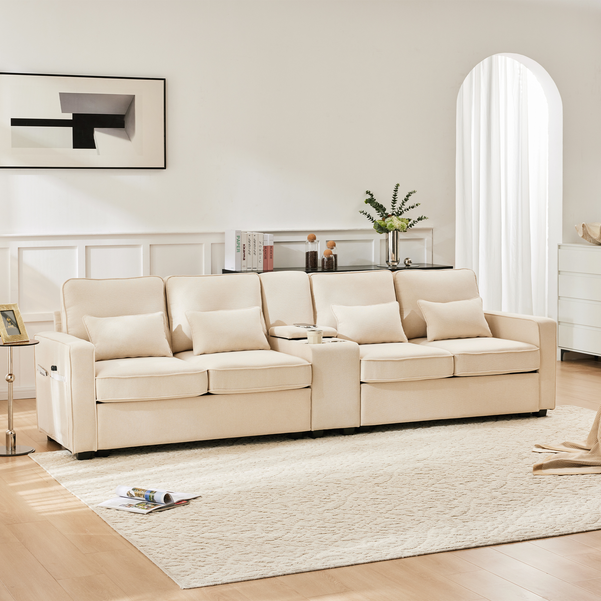 Canapé droit 4 places beige avec USB intégrés, porte-gobelets et coffres de rangement sous l'assise pour salon moderne