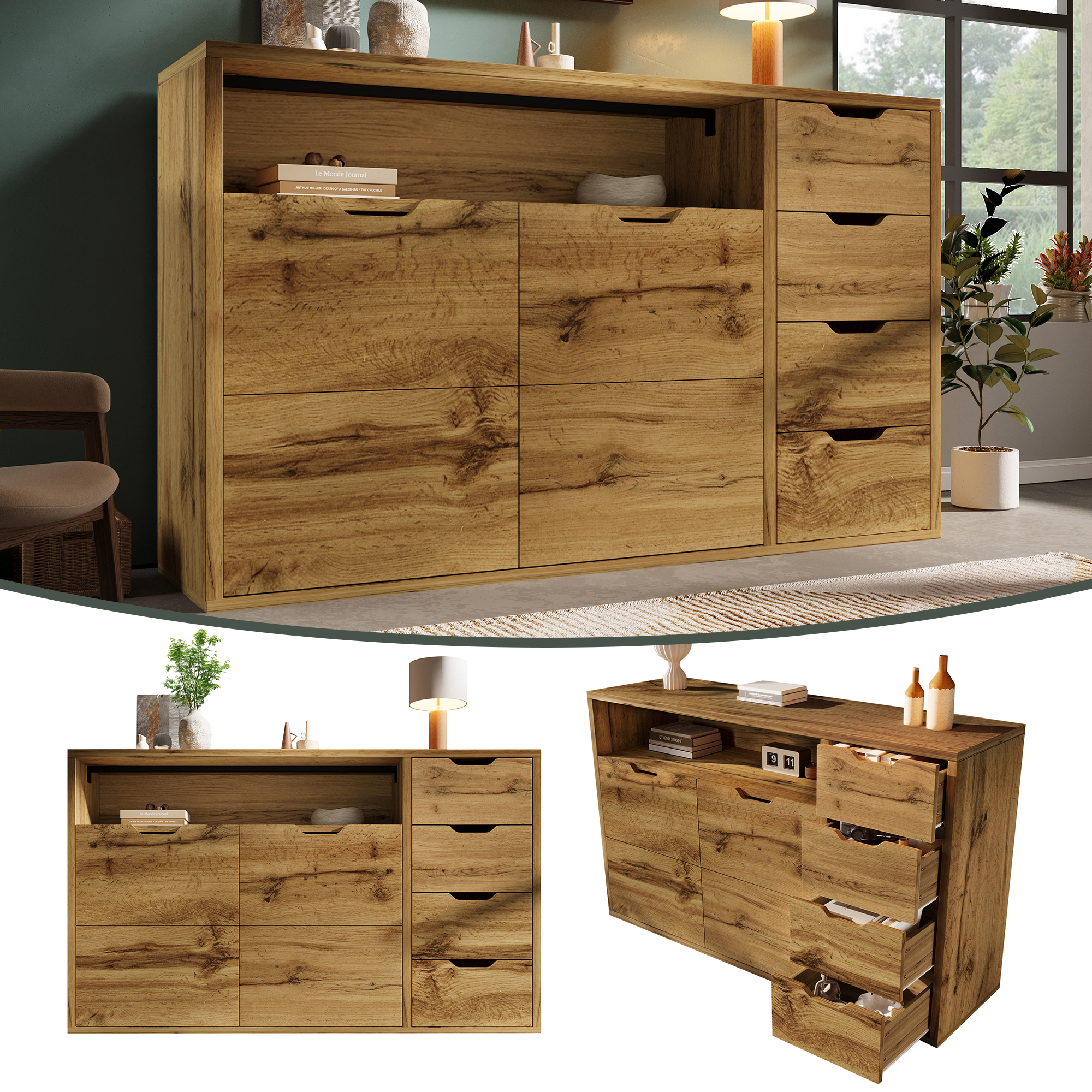 Buffet Rangement 150x40x90 cm, Meuble avec 2 Portes et 4 Tiroirs, Étagères Réglables et Soft Close pour Salon