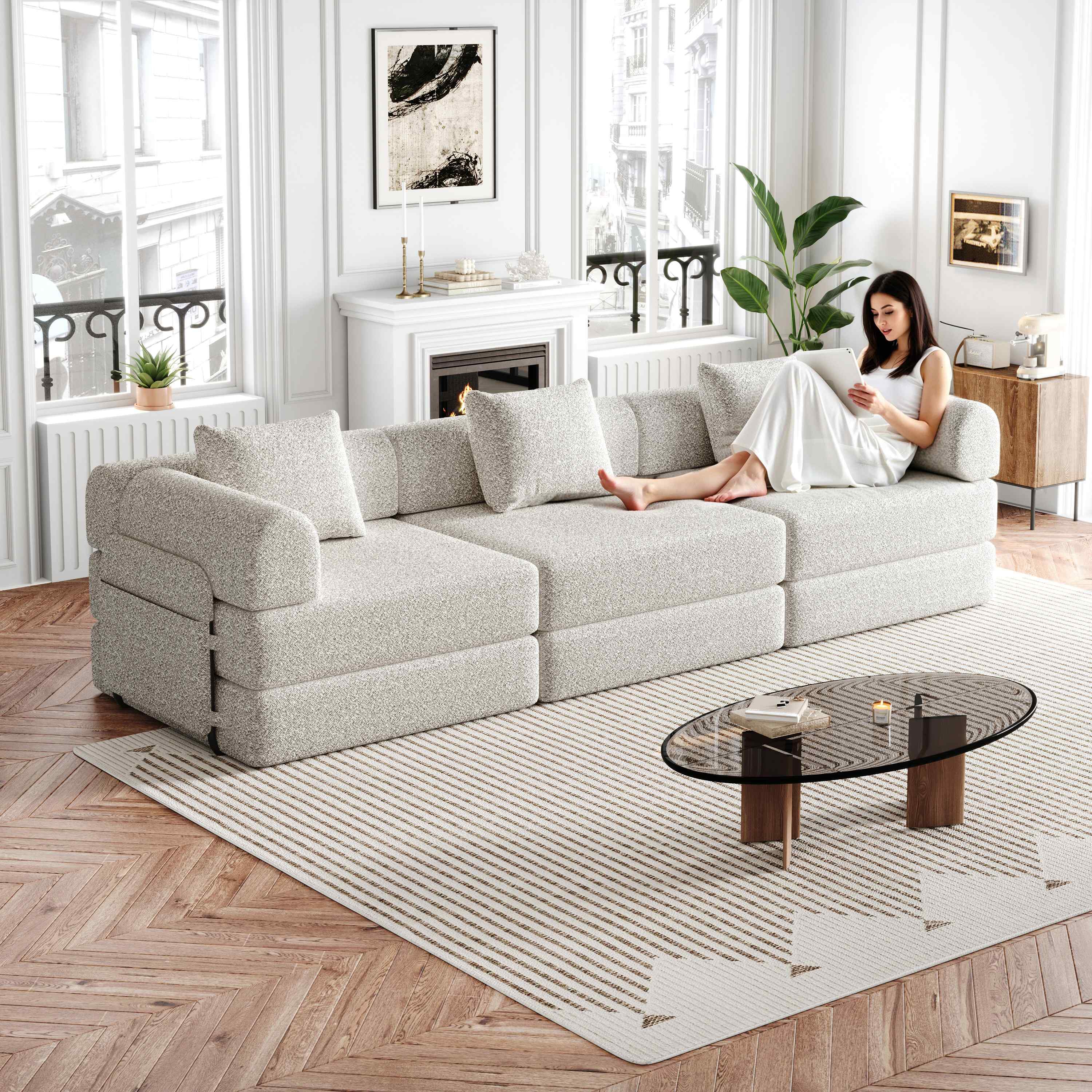 Canapé-lit convertible 2-en-1 en tissu chenille khaki avec rangement dans l'accoudoir, structure acier et design modulable pour petit espace