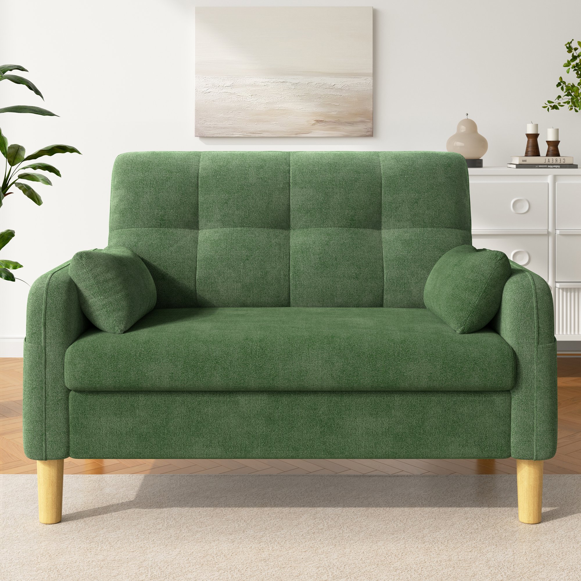 Canapé 2 places vert en tissu chenille avec poche latérale, coussins inclus, structure bois massif, idéal pour petit salon ou chambre, dimensions 119x78x85 cm