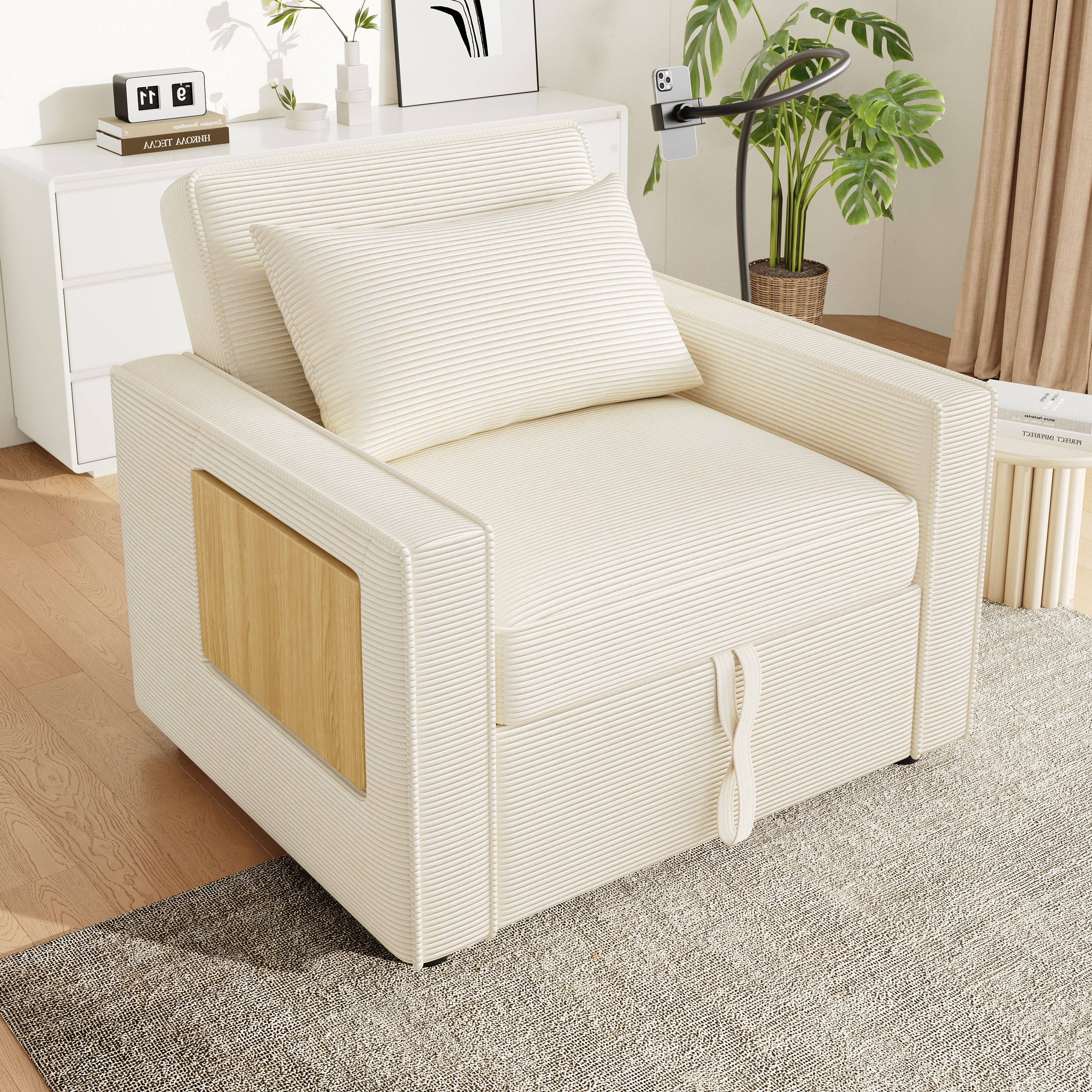 Canapé 1 place en velours côtelé beige, cadre métal et bois massif, avec LED intégrée et port USB