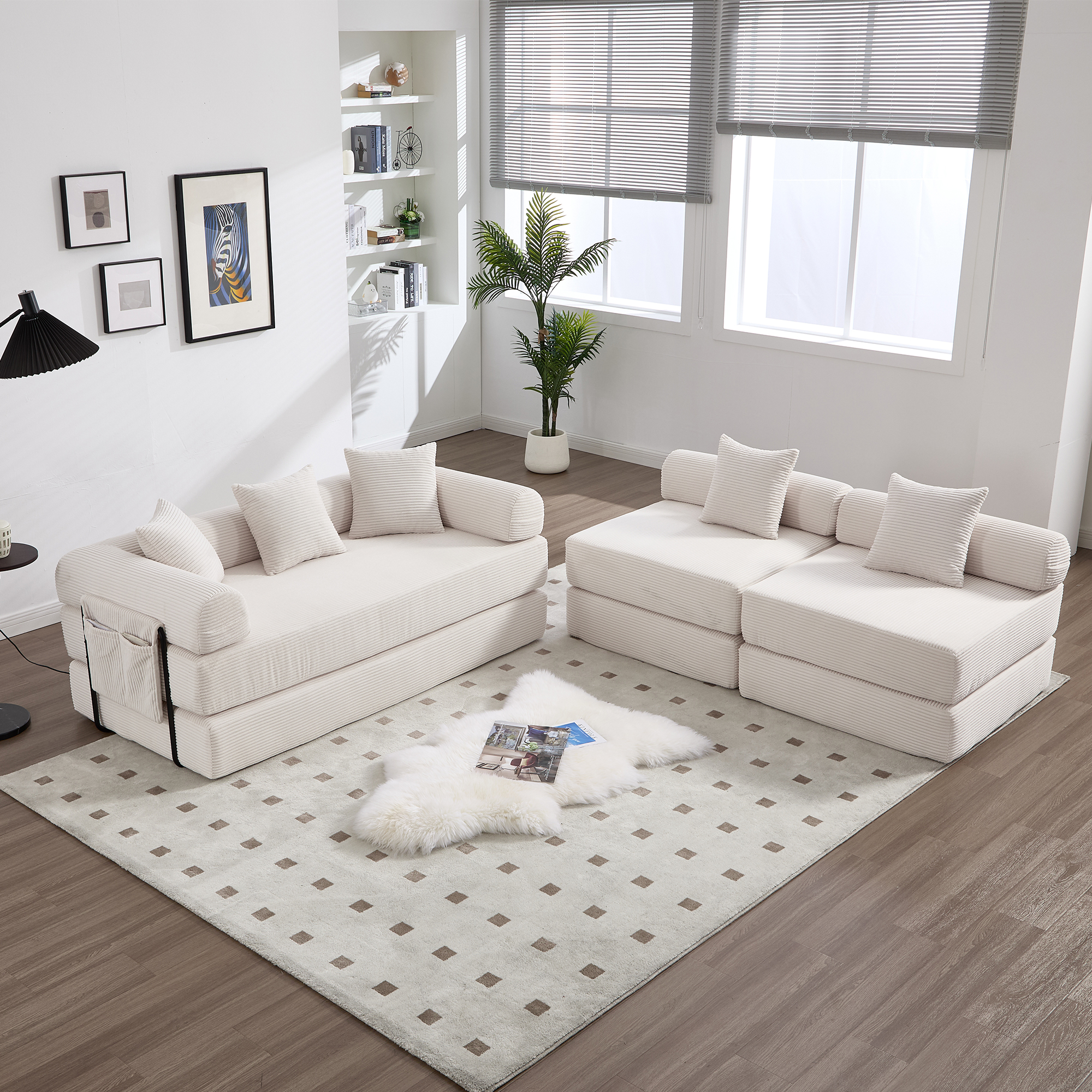 Canapé modulaire avec rangement 270x180x64 cm en velours côtelé beige, 3 places et modules séparables