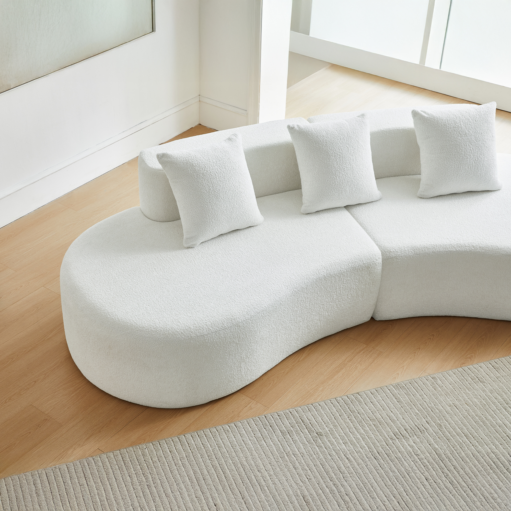 Canapé d'angle modulable 3 places blanc en velours, design courbé moderne pour salon et appartement, livraison en 2 colis