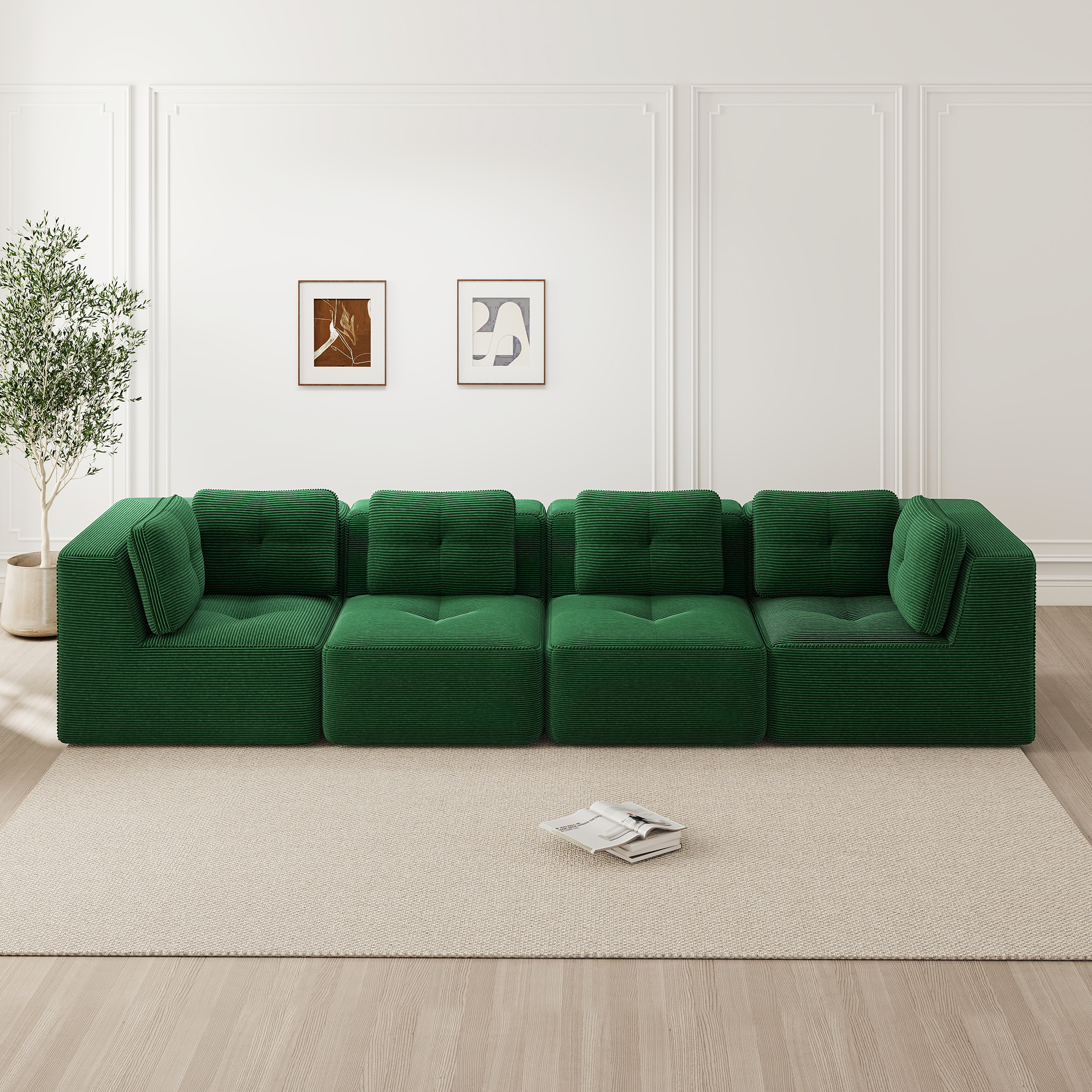 Canapé Modulable 4 Places Vert, Canapé D'angle Moderne En Tissu Côtelé Avec Coussins Profonds Et Pieds Antidérapants Pour Salon Contemporain