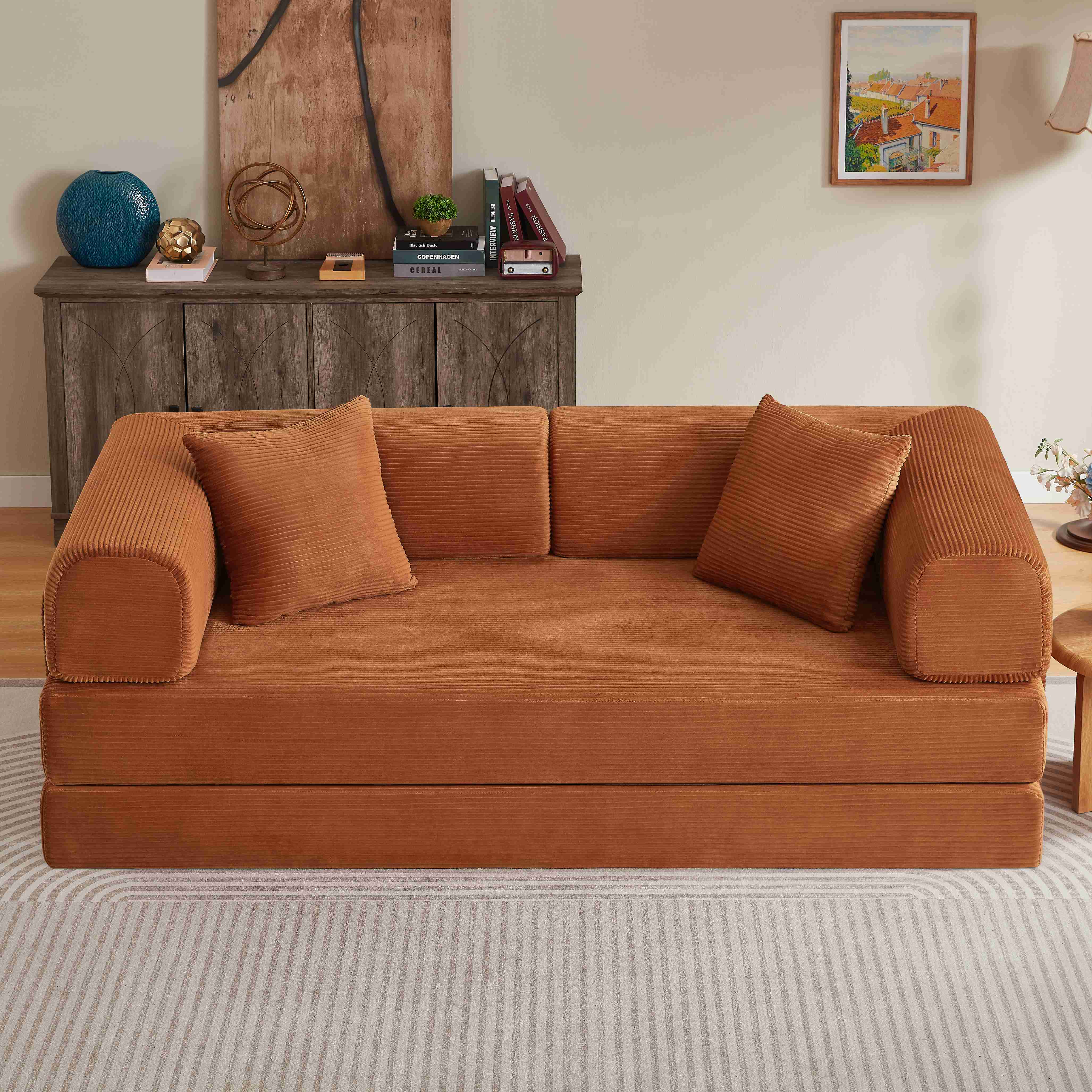Canapé-lit Tatami Terracotta en Corduroy avec Mousse Haute Densité et Structure Acier Chromé pour Salon Chambre