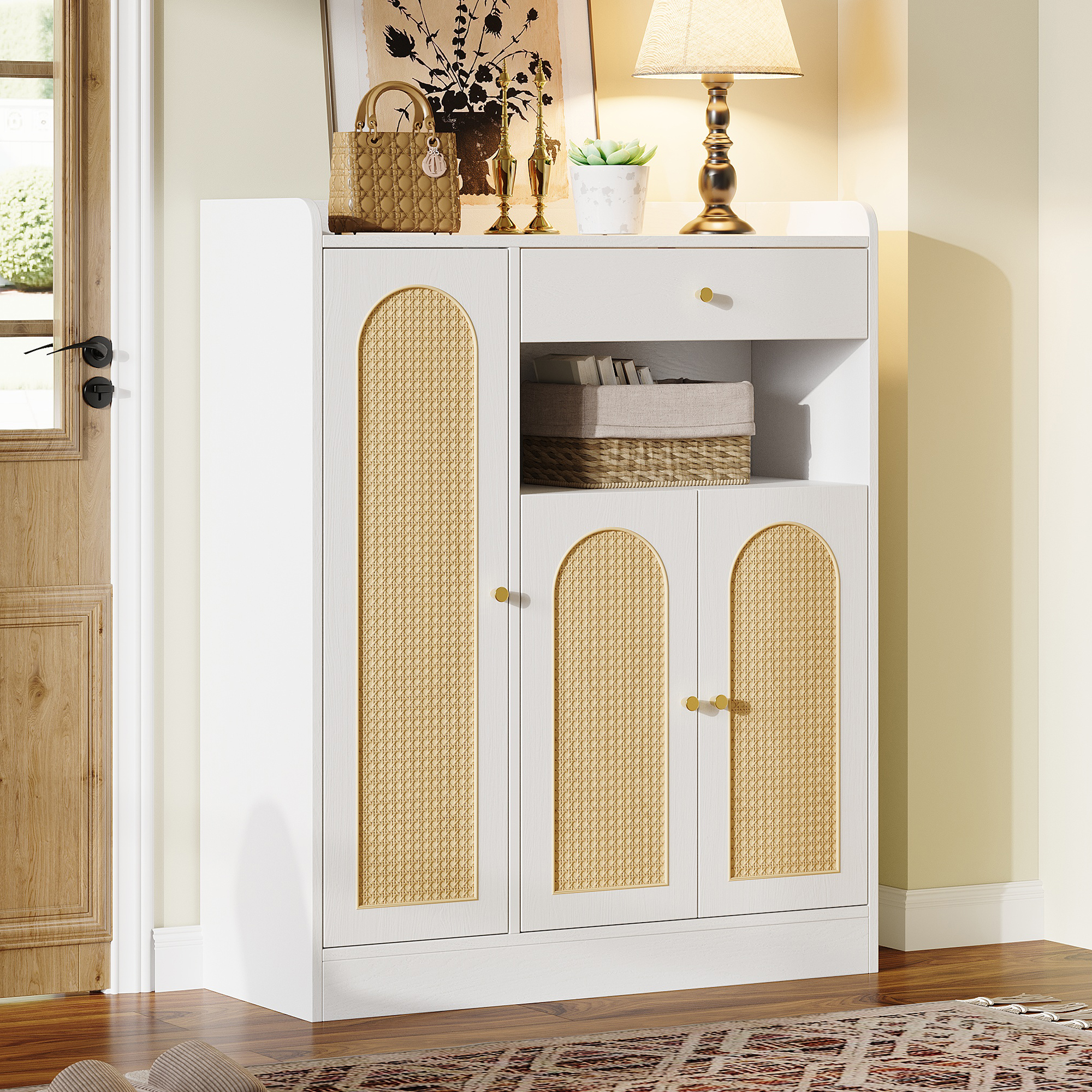 Armoire rangement 90x35x110 cm, Meuble à chaussures 3 portes, capacité adaptée couloir, charge max 50 kg par plateau