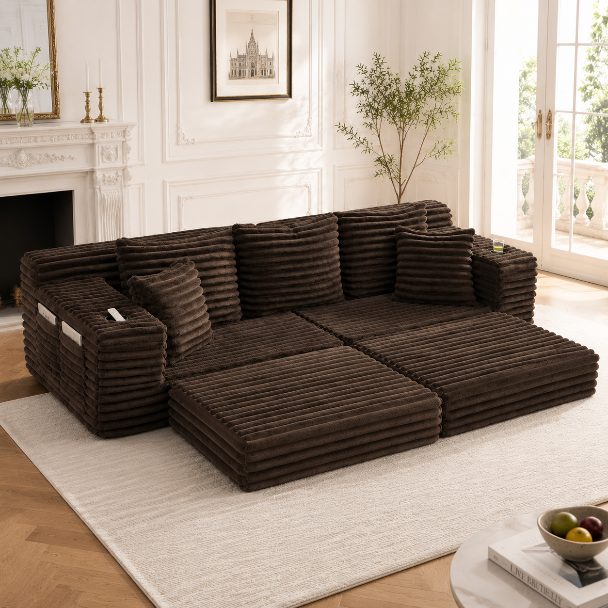Lit avec rangement 2 places avec tiroirs intégrés et couchage convertible, tissu côtelé marron pour petit espace