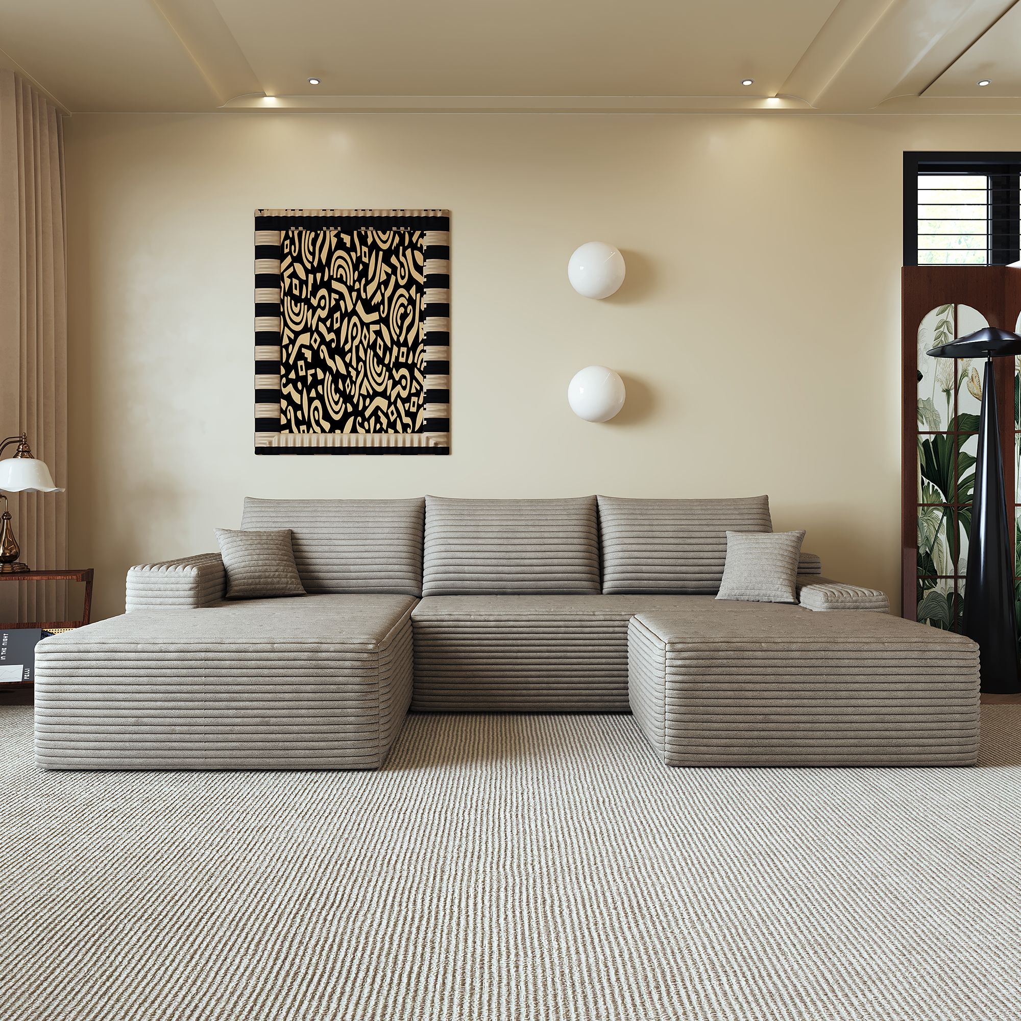 Canapé d'angle 270x175cm en velours côtelé camel, structure modulaire sans montage, coussins mousse haute densité pour salon moderne et spacieux