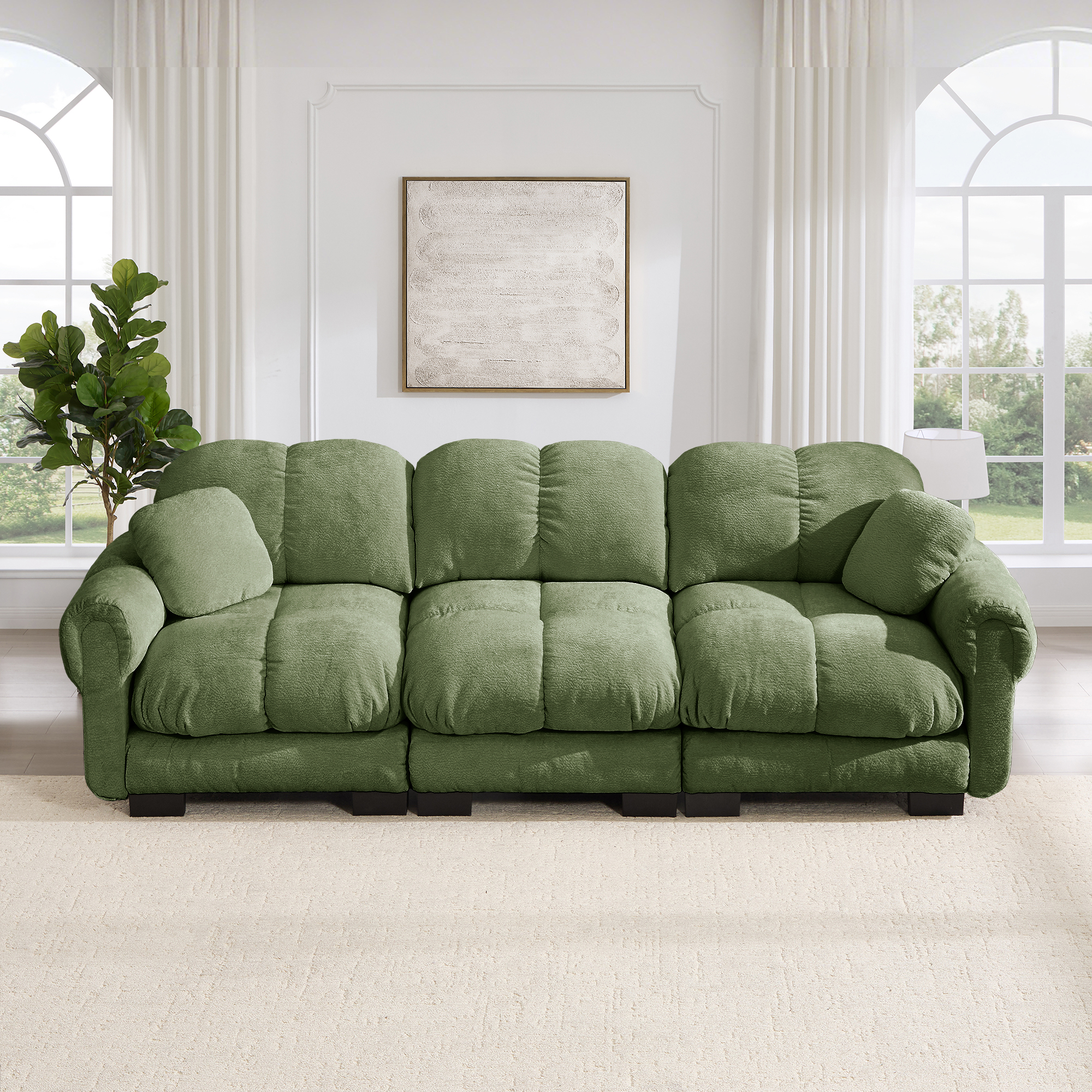 Canapé Modulable 3 Places en Chenille Vert, Design Contemporain Ergonomique, Assise Épaisse et Confortable pour Salon Moderne