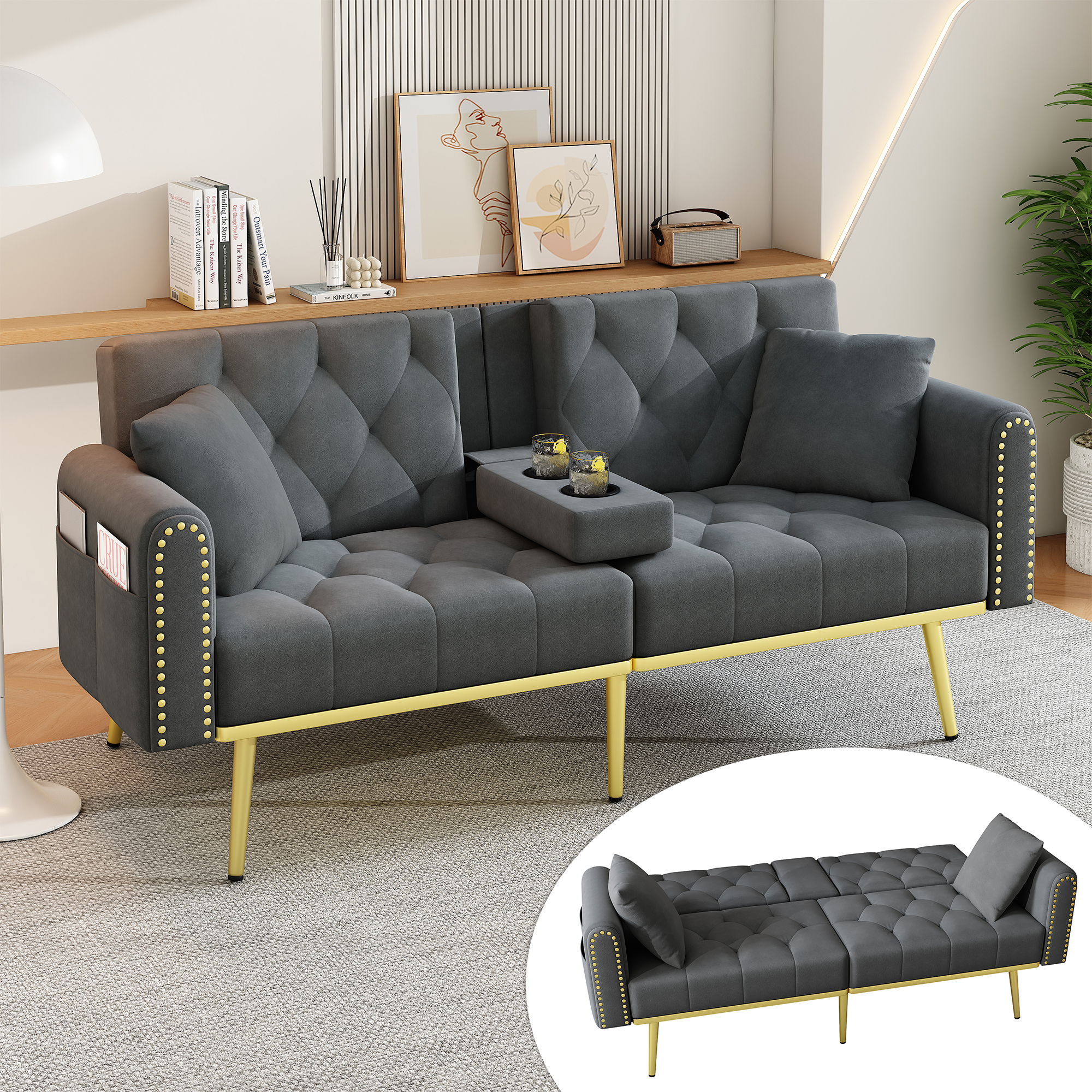 Canapé-lit convertible en velours gris 175x80x73,5 cm cadre bois massif et pieds métal avec dossier inclinable