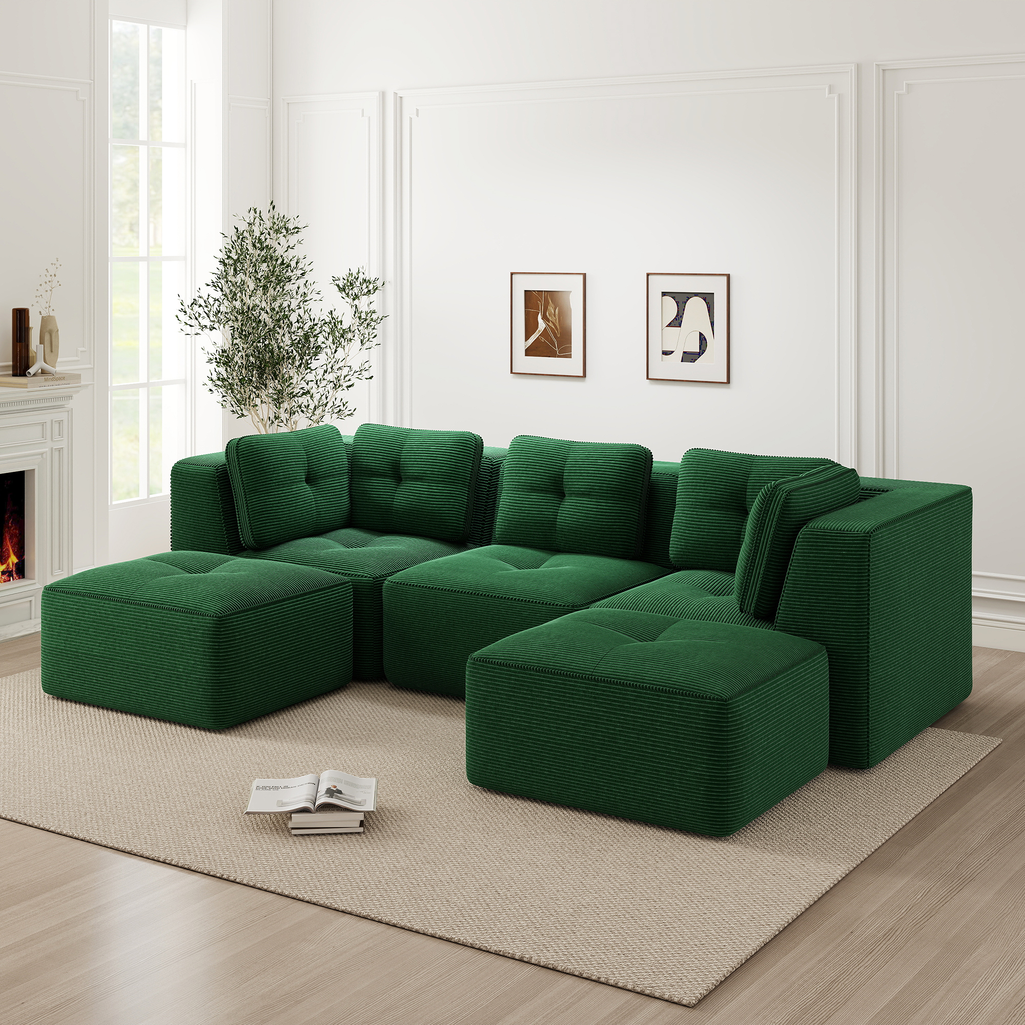 Canapé Modulable D'Angle Vert Sans Cadre Avec Ottoman Confort Nuage Mousse Haute Densité 32D Salon Moderne Facile Entretien