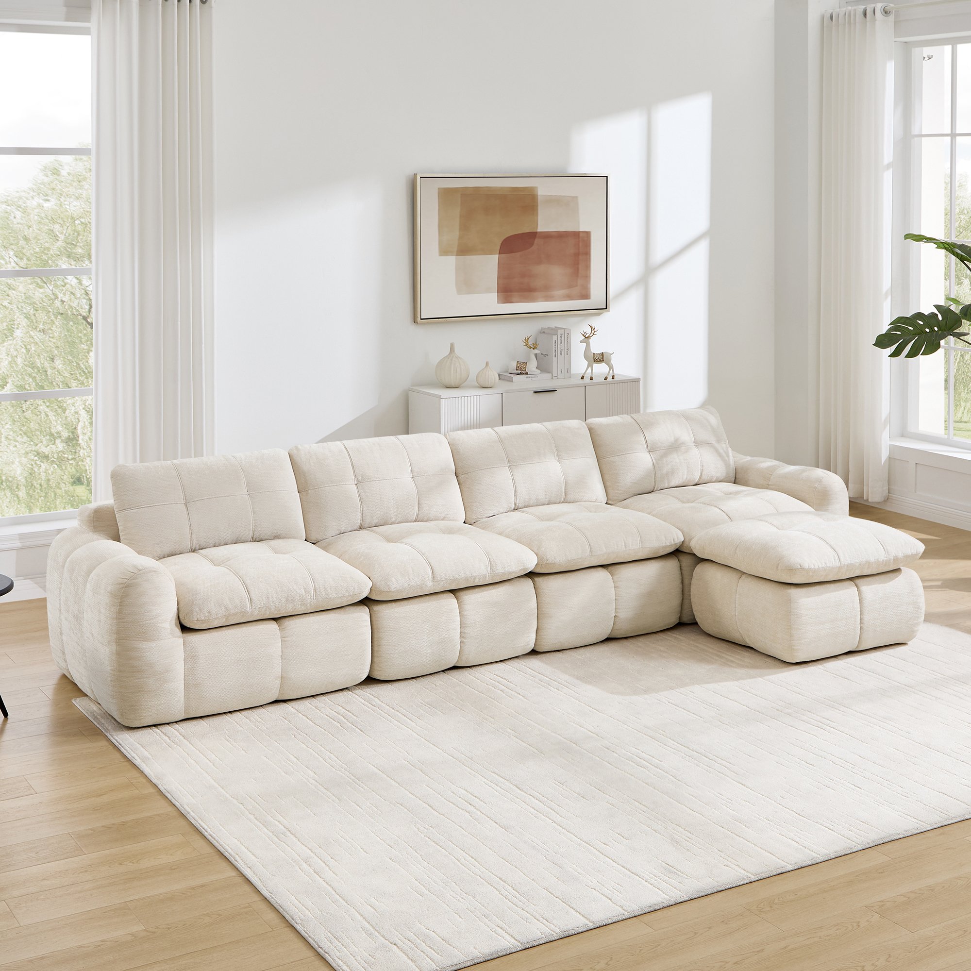 Canapé modulable 4 places en forme de L, tissu chenille beige, sans cadre, avec ottoman, dimensions 334x160x68 cm pour salon moderne
