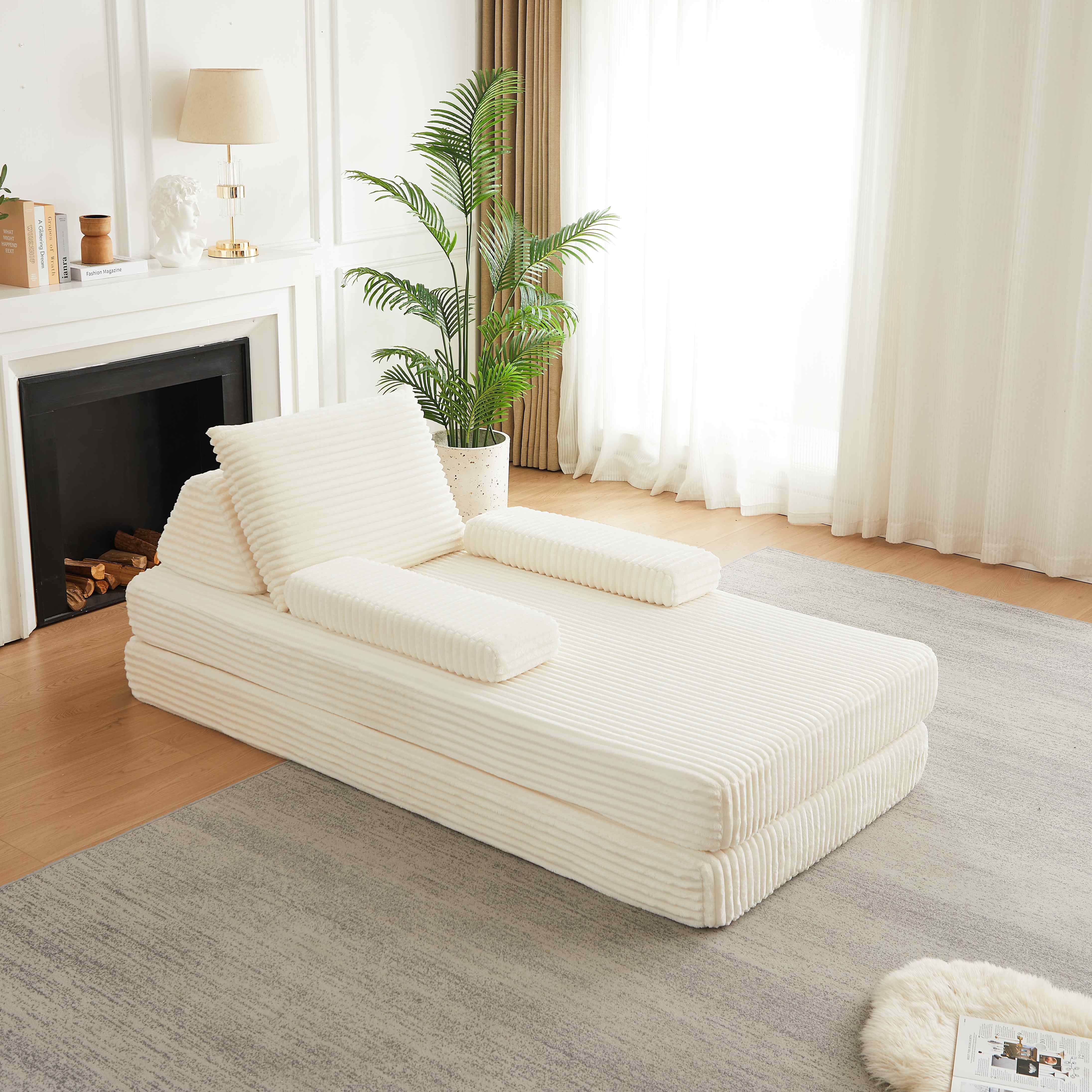 Canapé convertible beige en velours côtelé, dossier triangulaire et accoudoirs amovibles, structure modulaire sans cadre rigide, dimensions 211x107x62 cm, mousse haute densité
