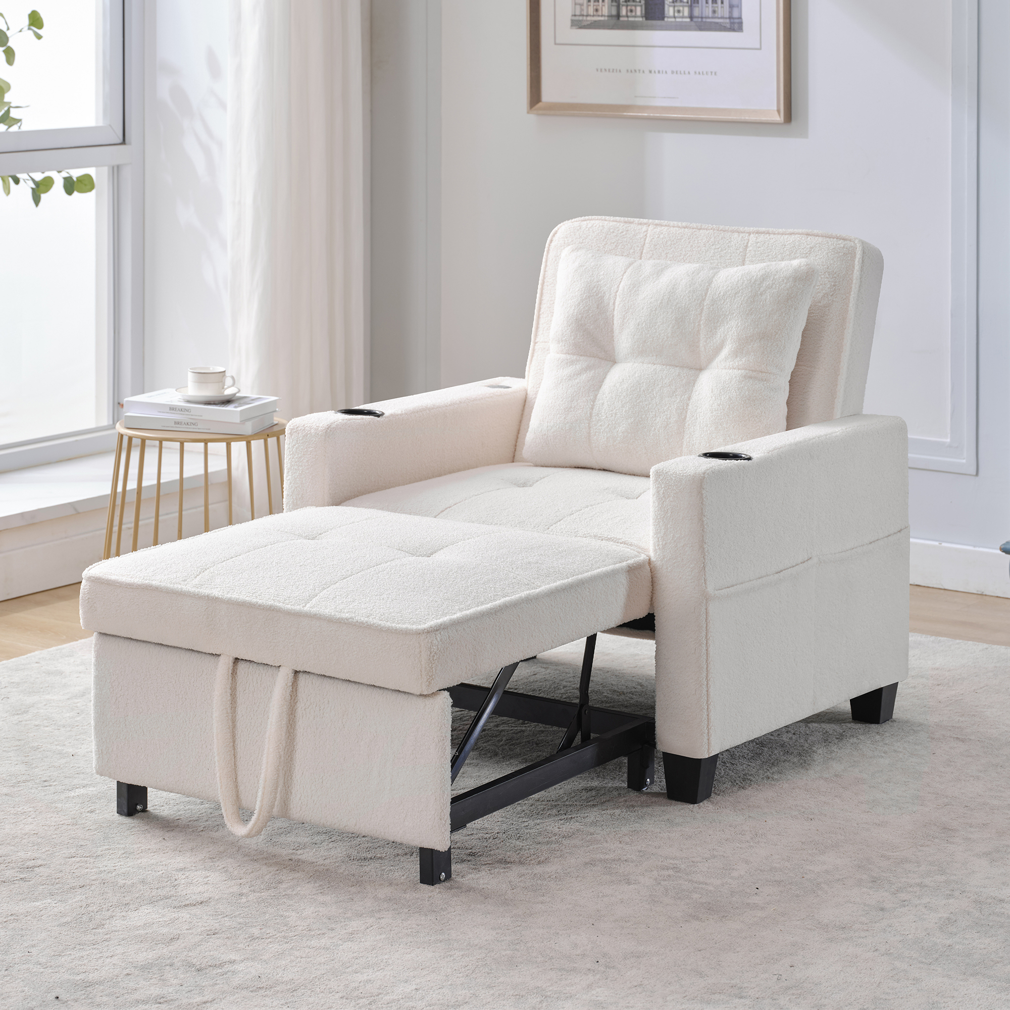 Fauteuil Convertible Structure Métal et Bois - Revêtement Rembourré Blanc avec Tiroir de Rangement