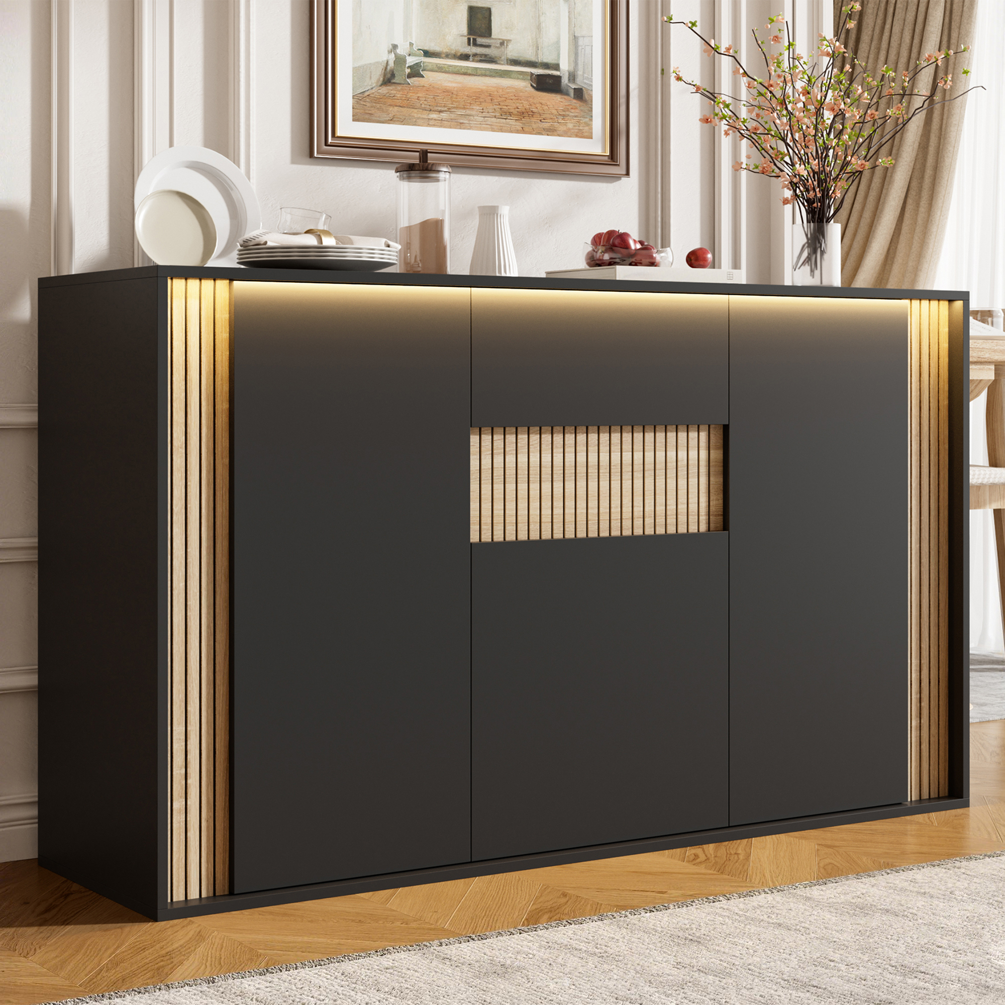 Buffet Panneau de Particules Noir et Bois, Structure Stable 3 Portes 1 Tiroir, Meuble Rangement Moderne 140x82 cm