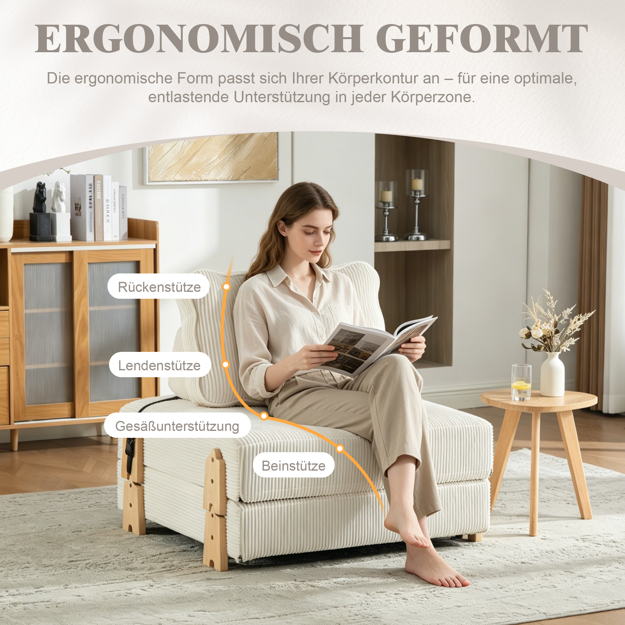 Lit rembourré scandinave beige 90x170 cm en velours côtelé avec structure en bois massif pour petit espace