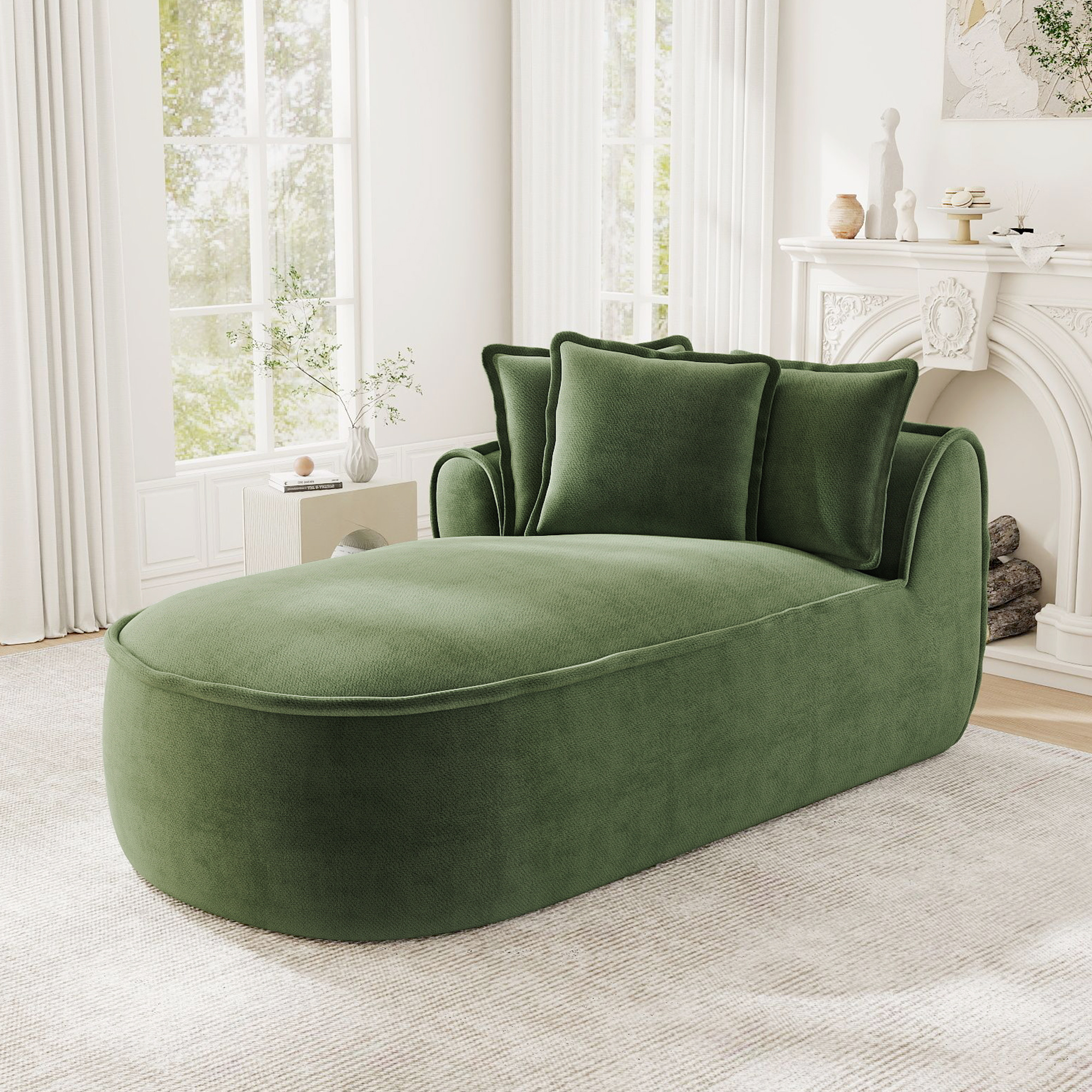 Canapé 2 places en chenille vert avec méridienne gauche, coussins inclus et 2 modules indépendants