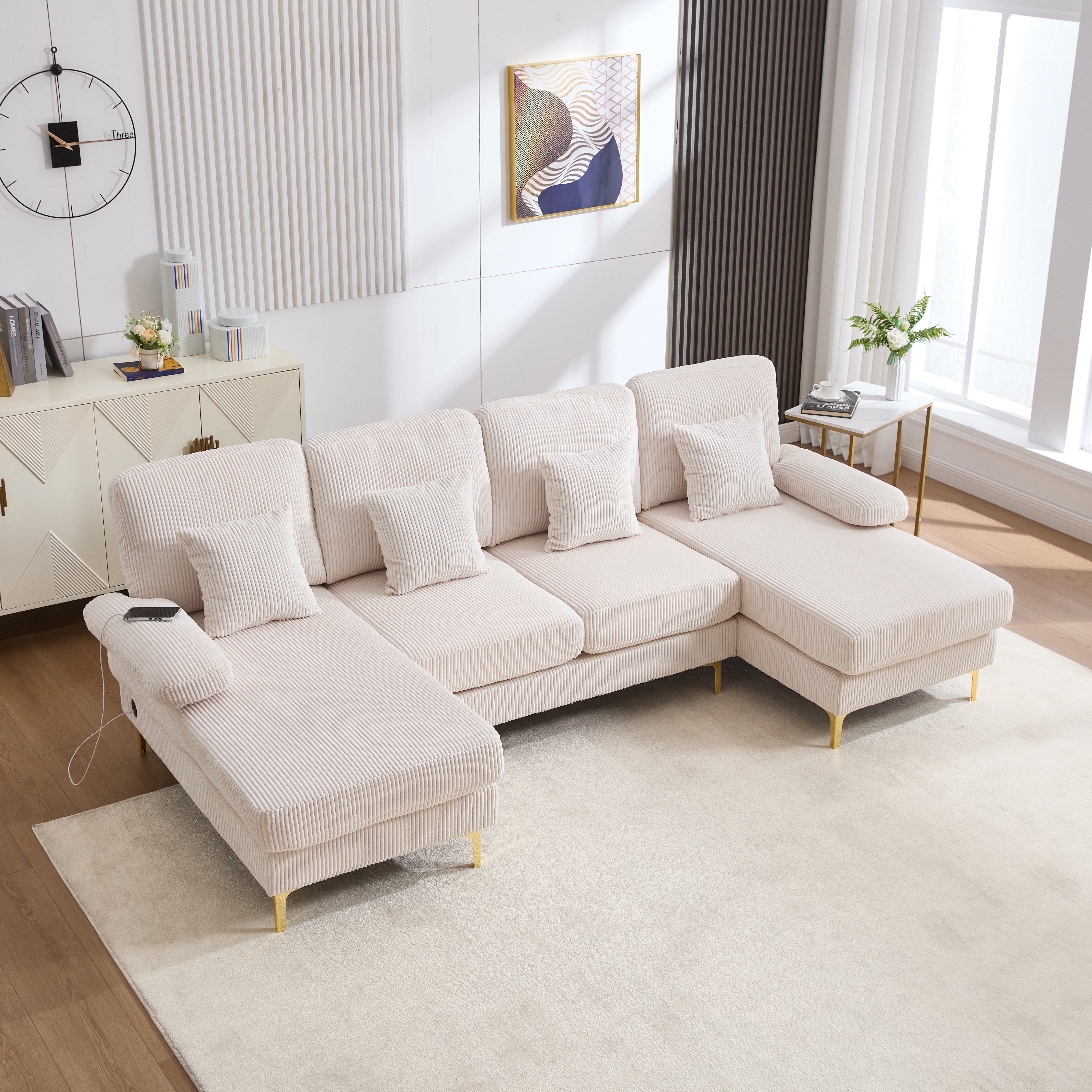 Canapé en U 4 places en velours beige, cadre en bois massif et coussins en mousse, éclairage LED