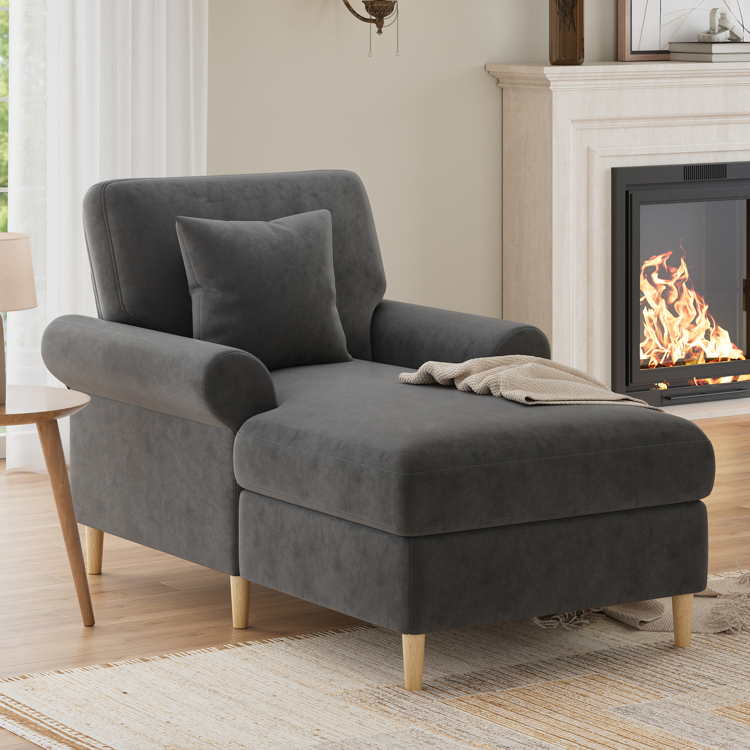 Canapé convertible 1 place 133x87x90 cm en velours gris avec assise rembourrée et coussin inclus