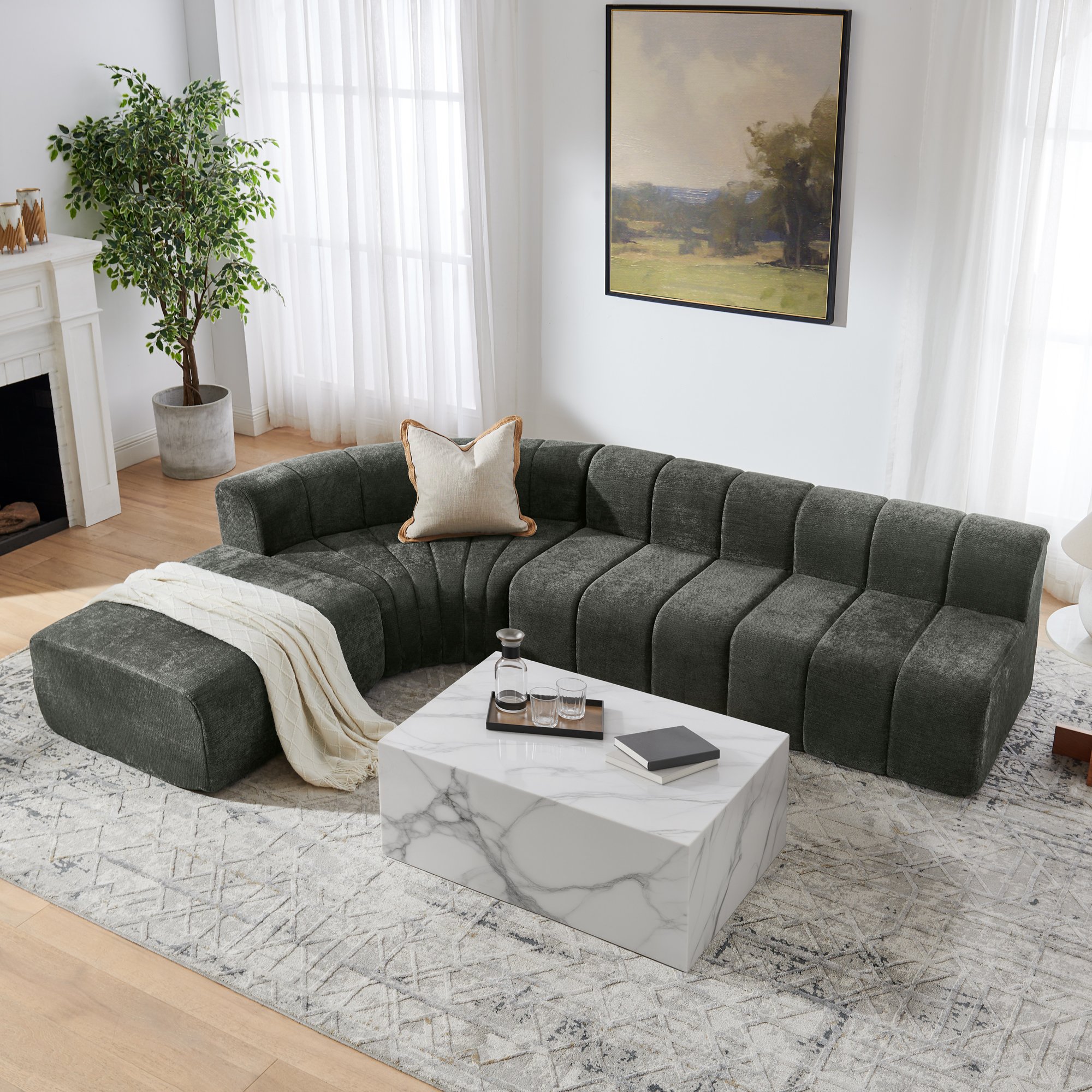 Canapé d'angle modulable 4 places noir en chenille, structure sans dossier pour usage multifonctionnel comme table ou pouf