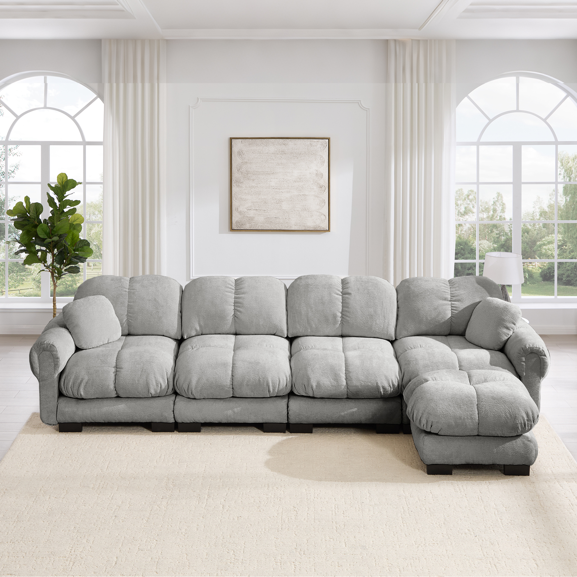 Canapé d'angle modulable 4 places en tissu Chenille gris clair avec ottomane mobile et rangement intégré