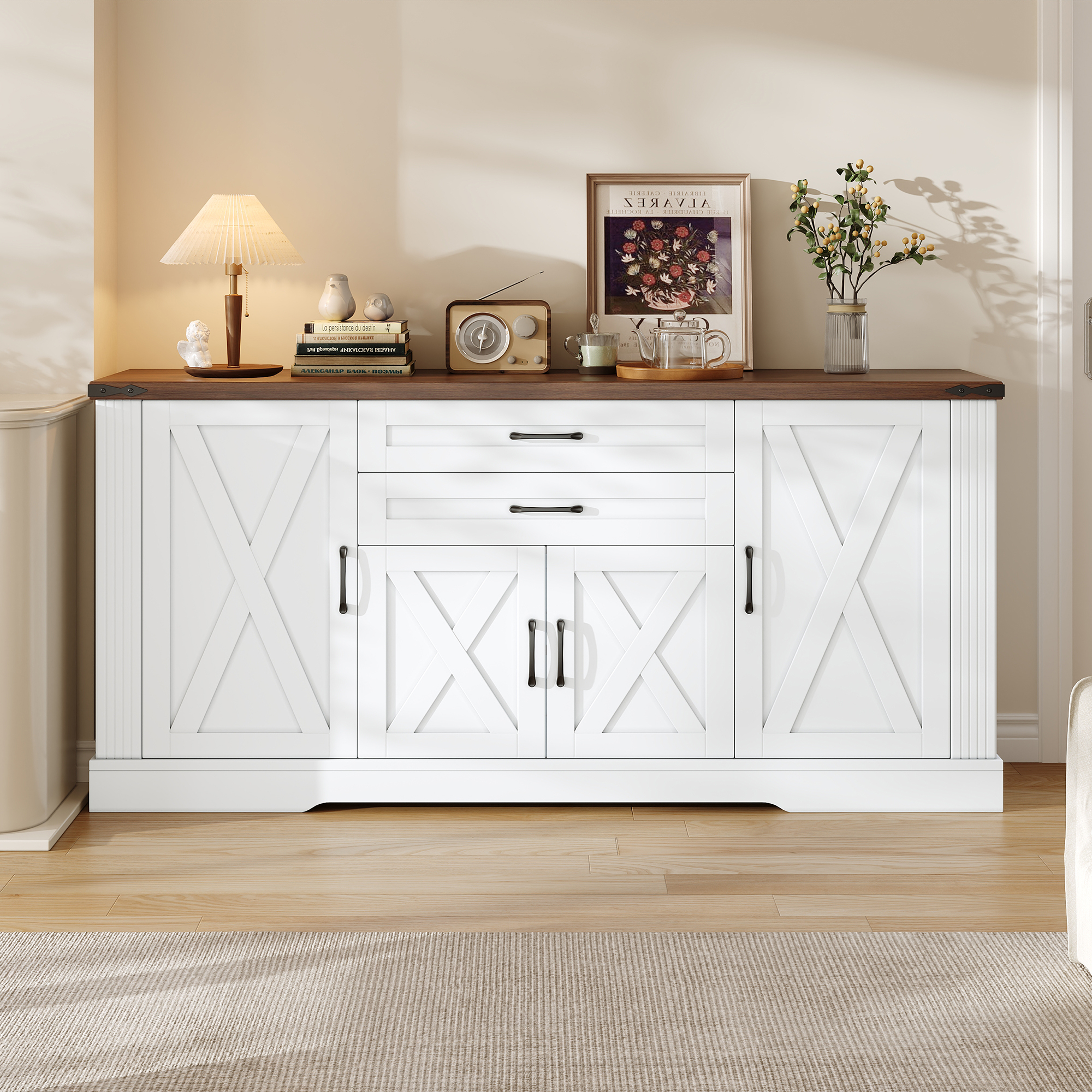 Buffet de cuisine Panneau composite de fibres de bois à densité et panneaux de particules, 160x39x81,5 cm, 4 portes avec charnières amorties et 2 tiroirs coulissants
