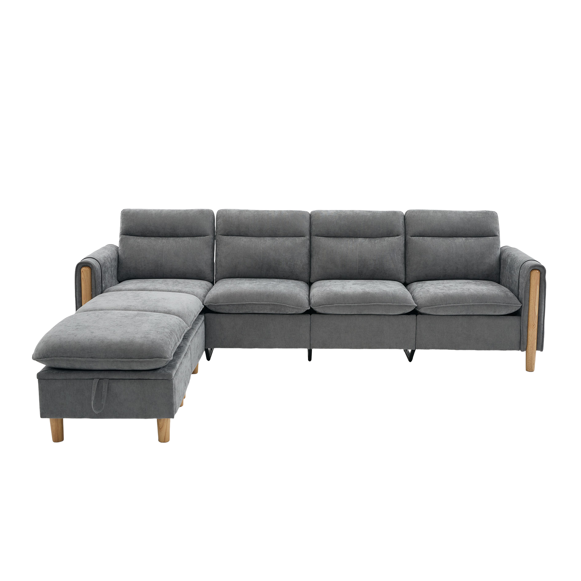Canapé en U 4 places modulable avec 2 poufs à rangement dissimulé et poches latérales sur accoudoirs