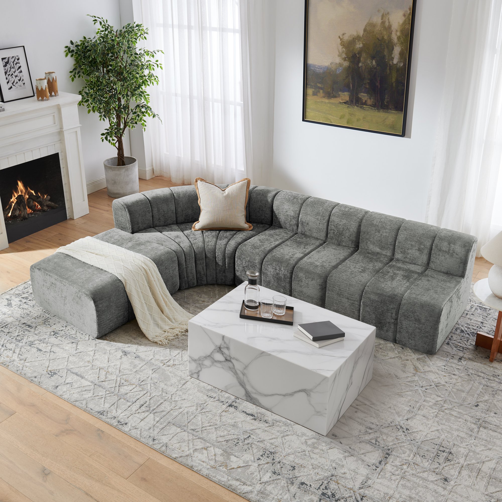 Canapé d'angle modulable 4 places en chenille gris, structure sans outils, coussins multifonctions et mousse haute résilience pour un confort optimal au quotidien.