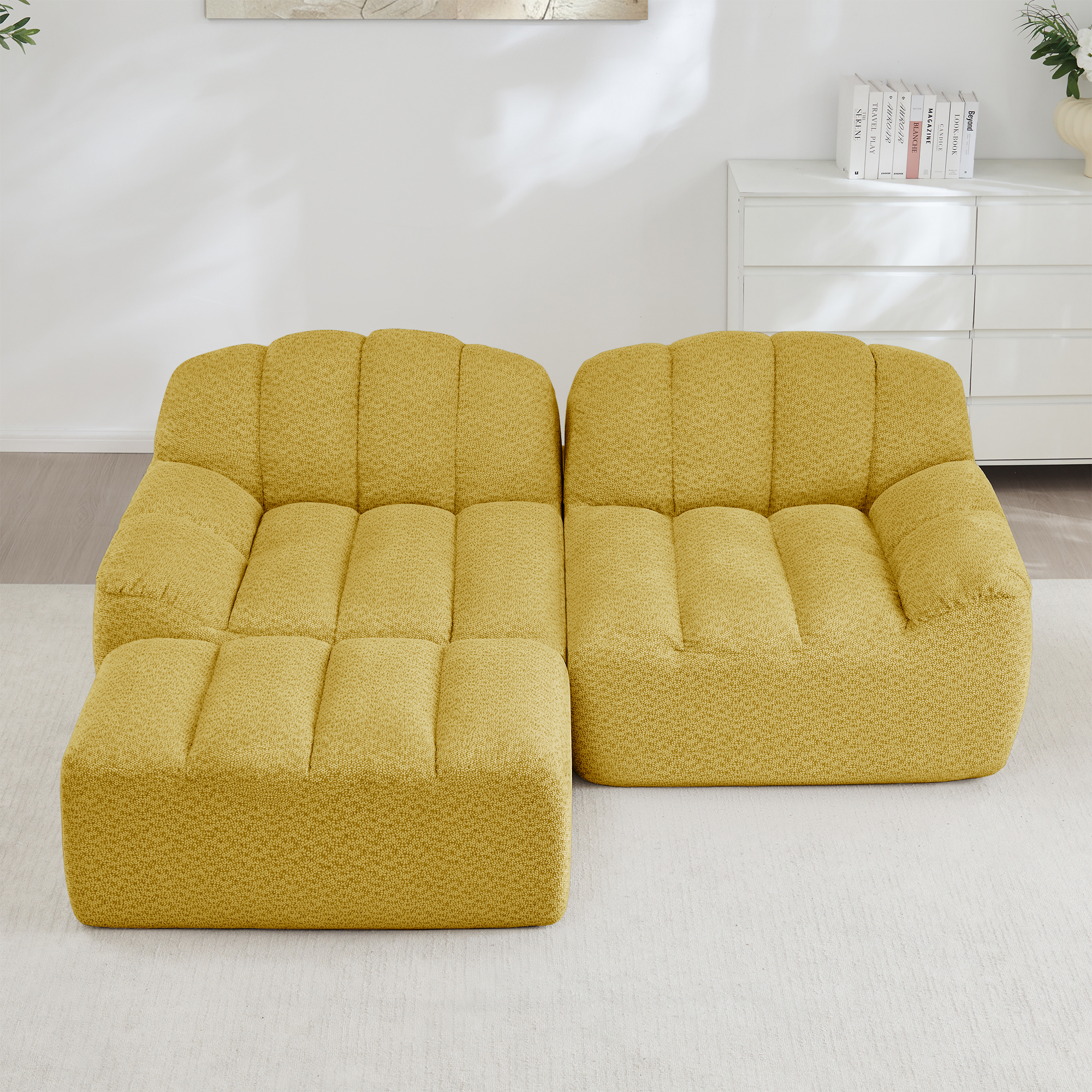 Canapé modulable d'angle en L 2 places, revêtement polaire granuleux jaune, structure sans ossature avec ottoman intégré et rangement tiroir