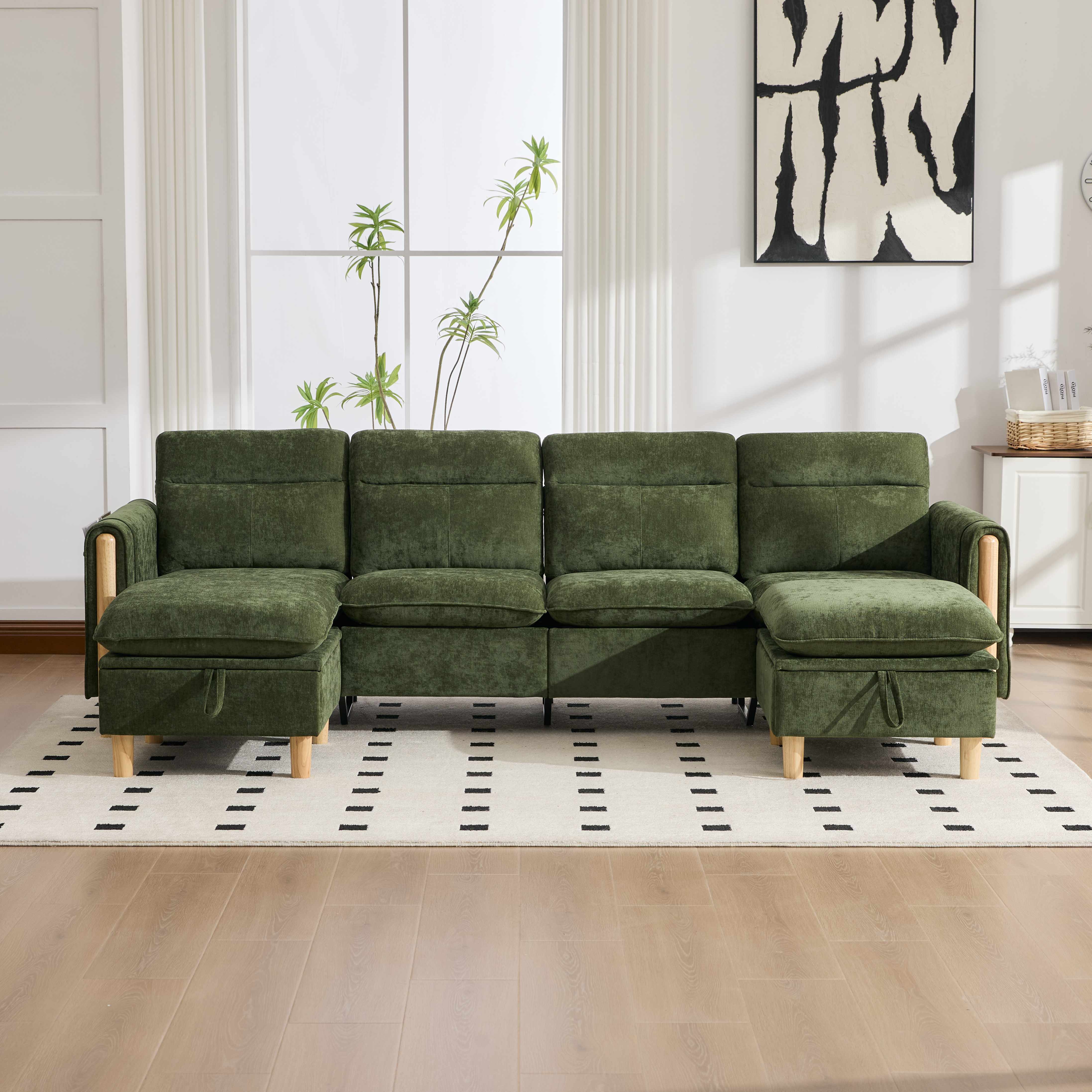 Canapé d'angle 4 places vert en tissu chenille avec deux poufs de rangement et pieds en bois massif pour le salon