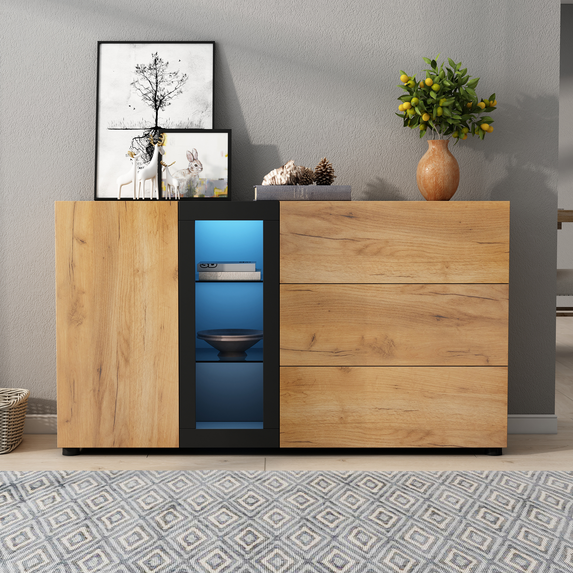 Buffet de cuisine 140x40x80 cm, meuble bas avec 3 tiroirs et porte, idéal pour cuisine, salle à manger ou entrée, noir marron
