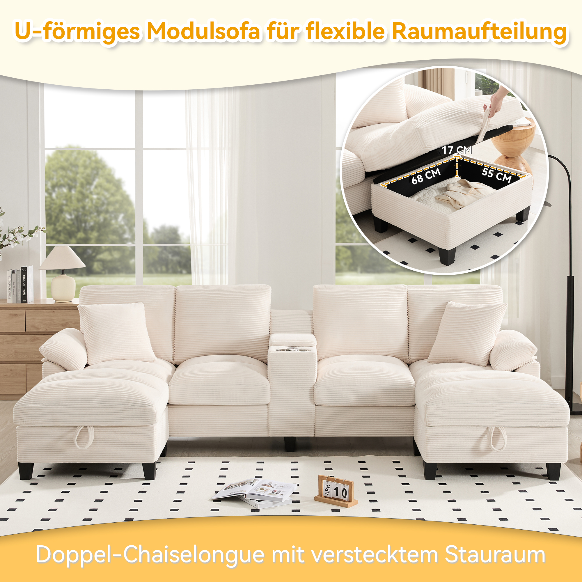 Canapé en U 4 places en velours côtelé beige, structure bois massif et rangement intégré sous assises