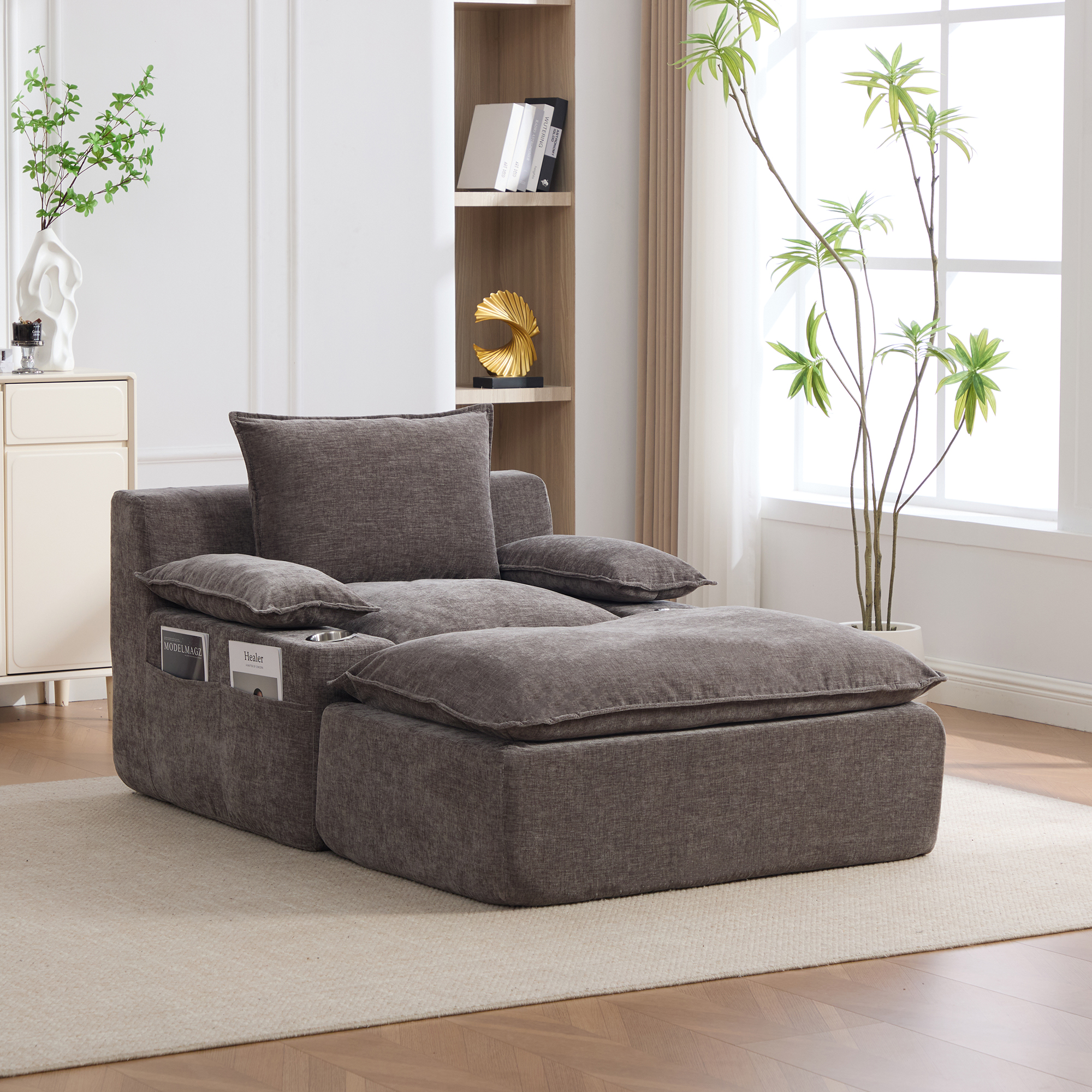 Méridienne Relax en Tissu Chenille Gris, Fauteuil Inclinable avec Repose-Pieds et Coussins, Porte-Gobelet Intégré, Sans Montage pour Salon Moderne