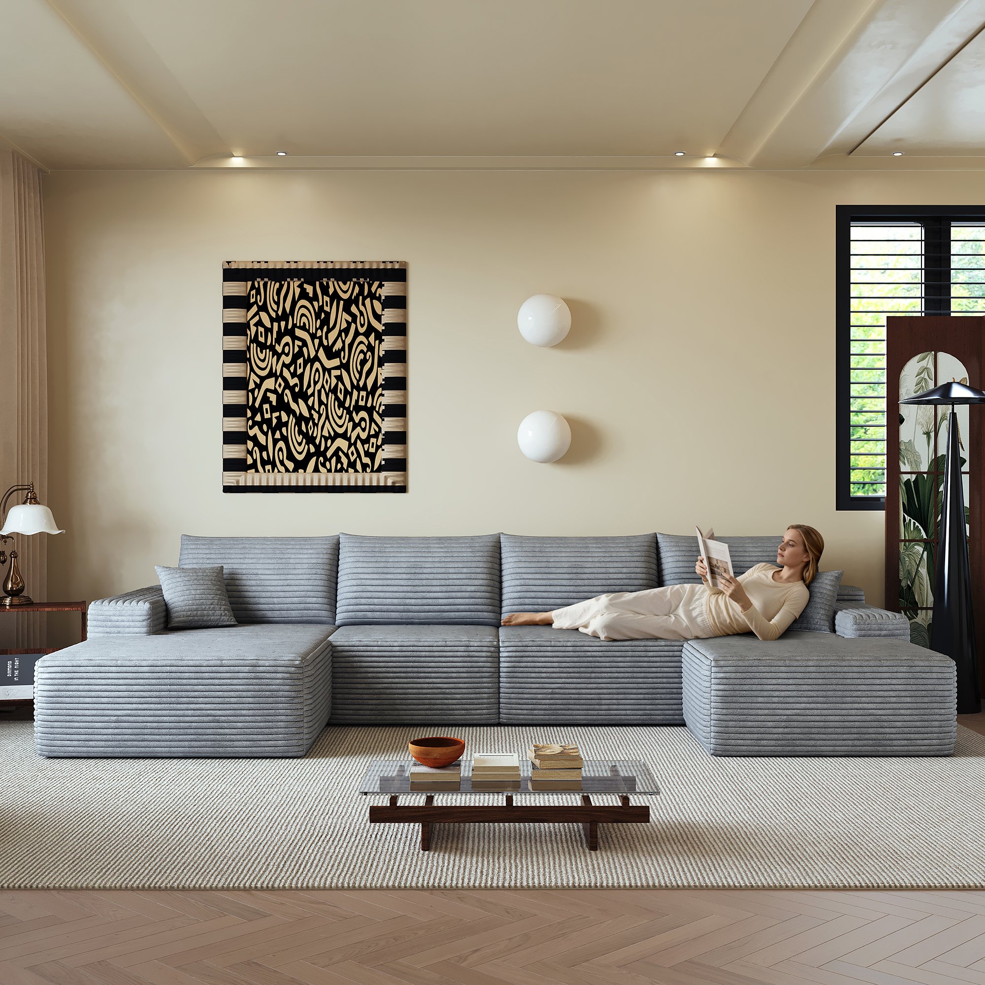 Canapé d'angle gris en tissu côtelé, structure modulaire sans montage, profondeur de siège généreuse, dimensions 340x175x83 cm pour salon