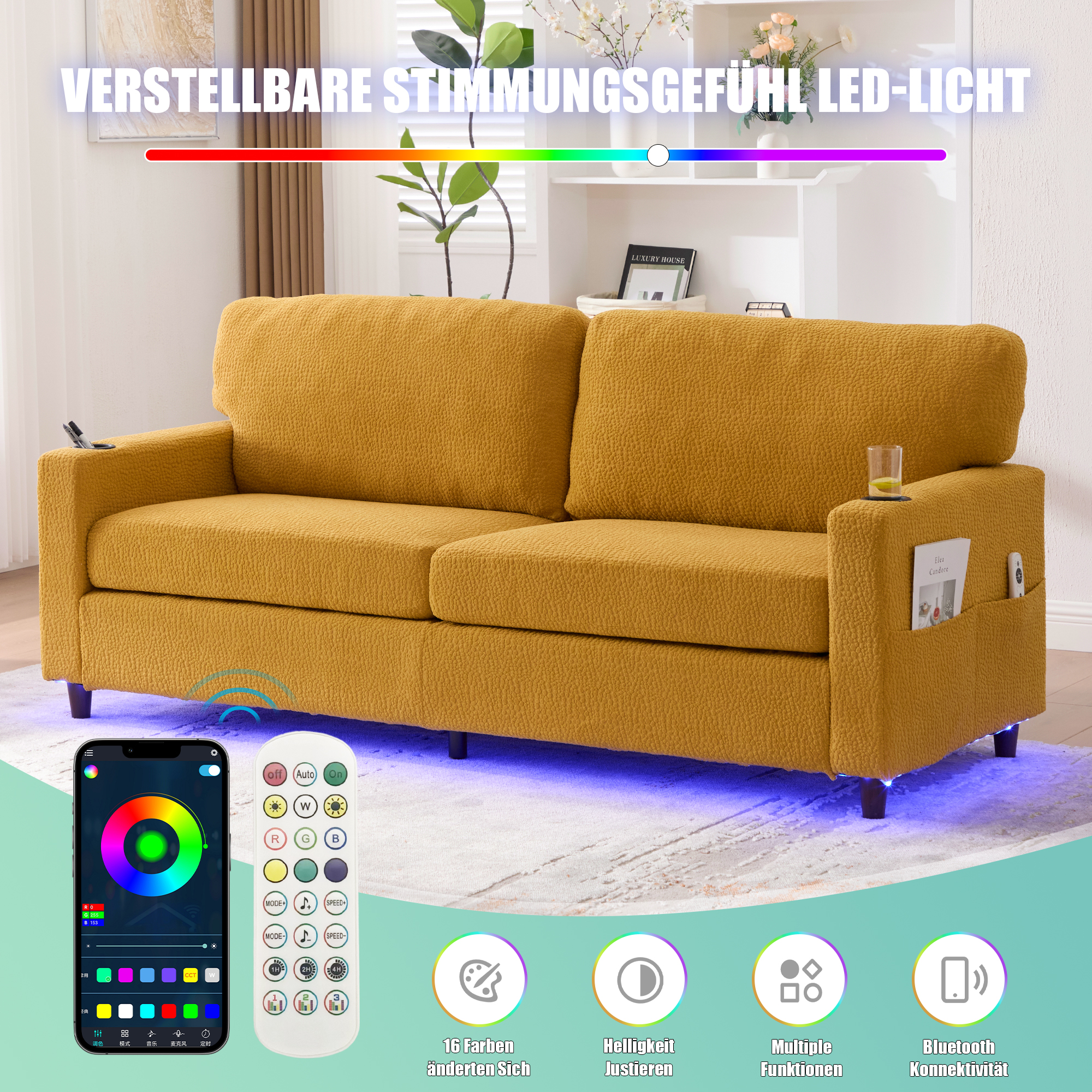 Canapé 2 places en chenille moutarde avec USB-C, LED, porte-gobelets et rangement latéral intégré