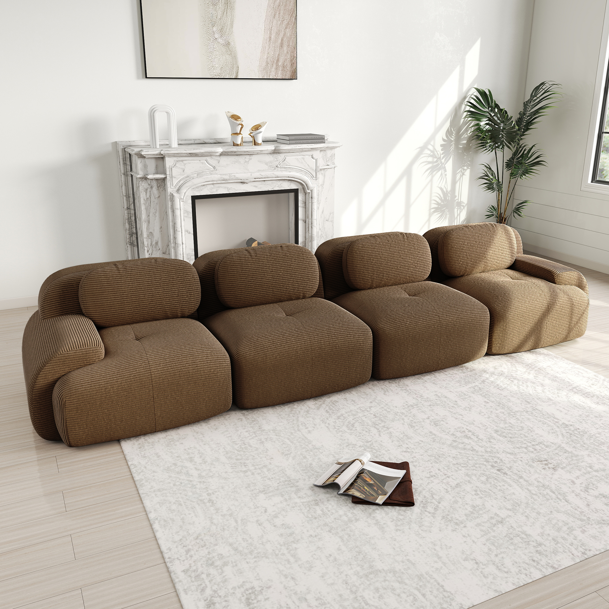 Canapé d'angle 4 places en velours côtelé marron, modulable sans montage et ergonomique