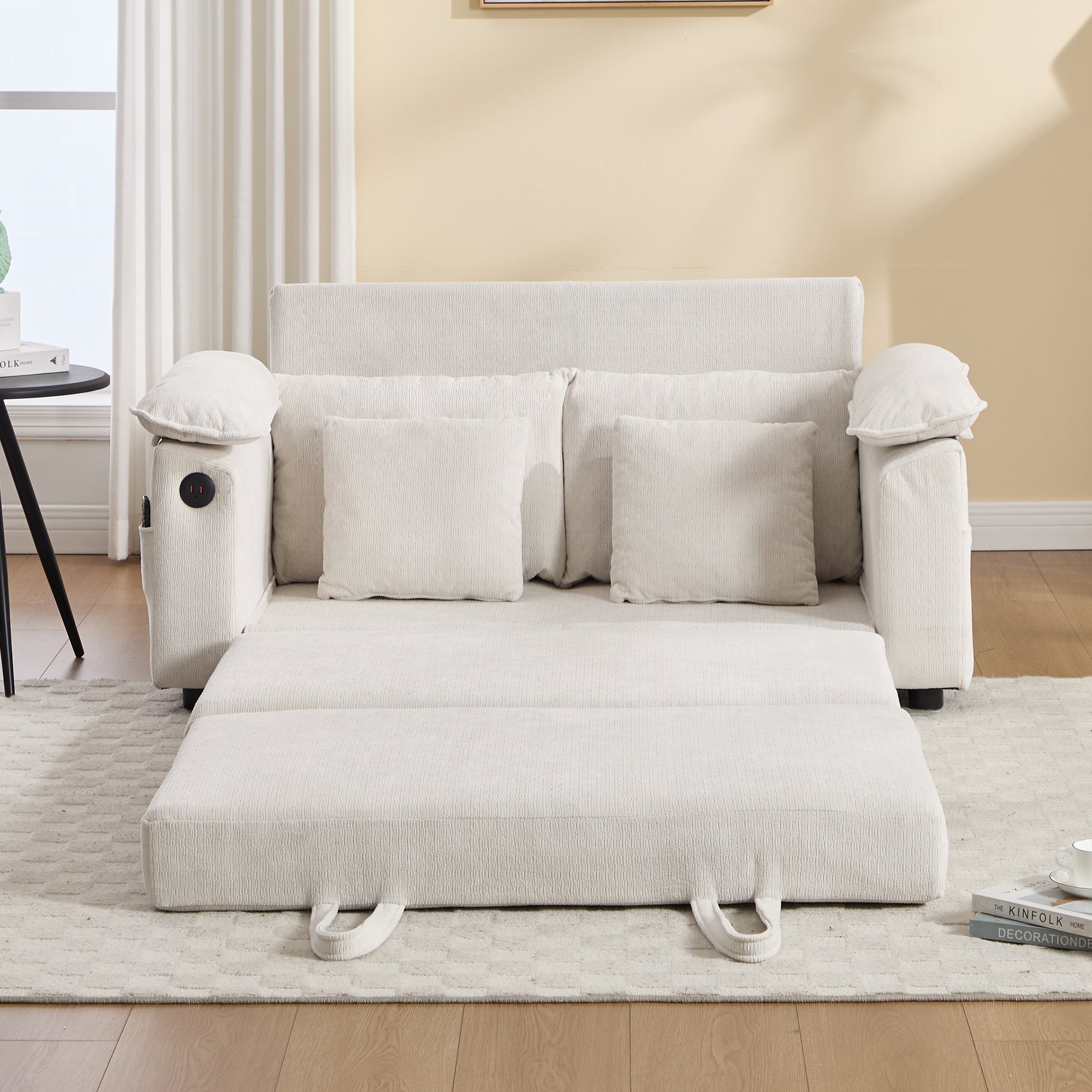 Canapé-lit futon convertible blanc en chenille 135x66x80 cm avec poches latérales et dossier inclinable pour salon
