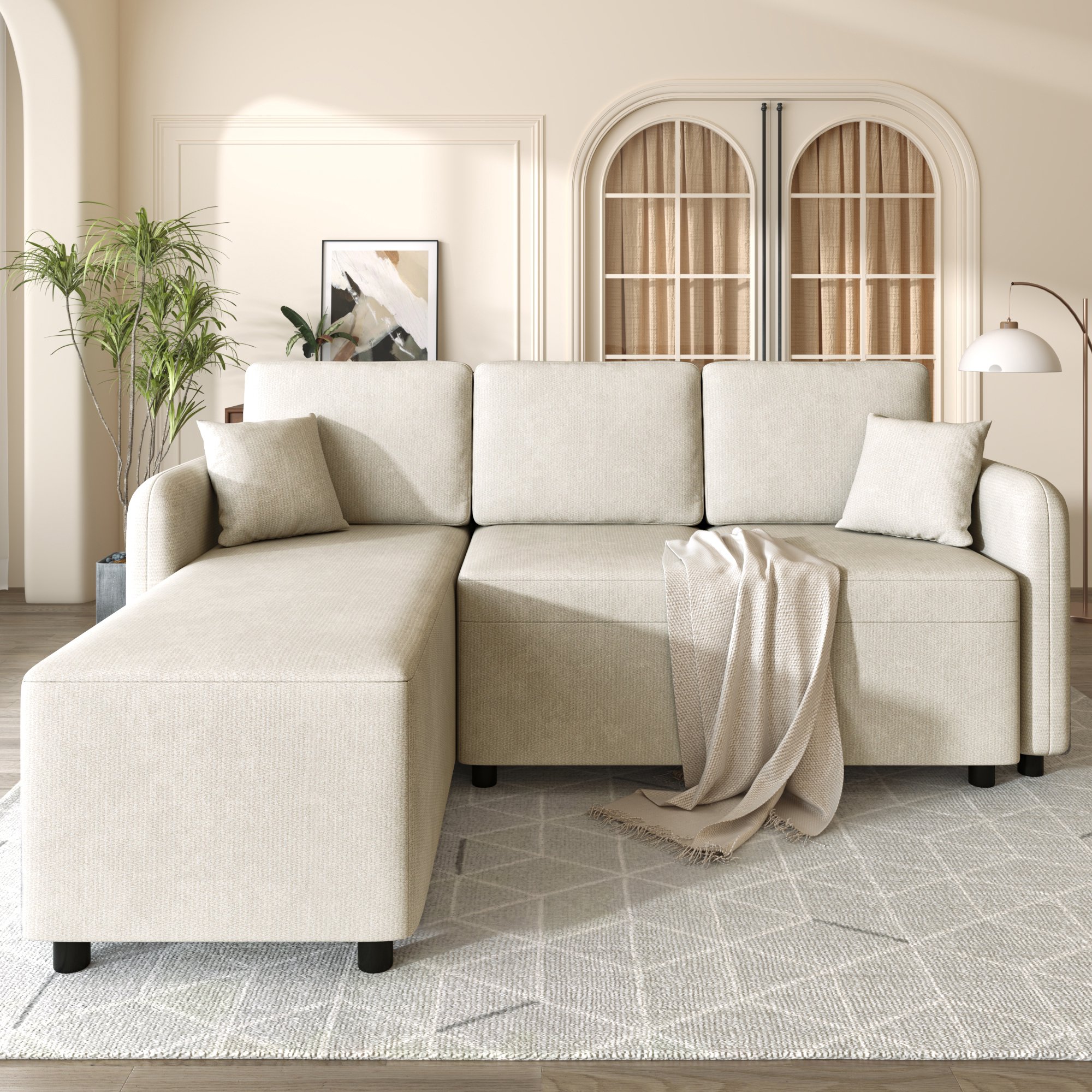 Canapé d'angle 3 places en tissu chenille beige clair avec méridienne de 144 cm, assise ferme mousse haute densité et structure bois massif pour petit salon ou studio