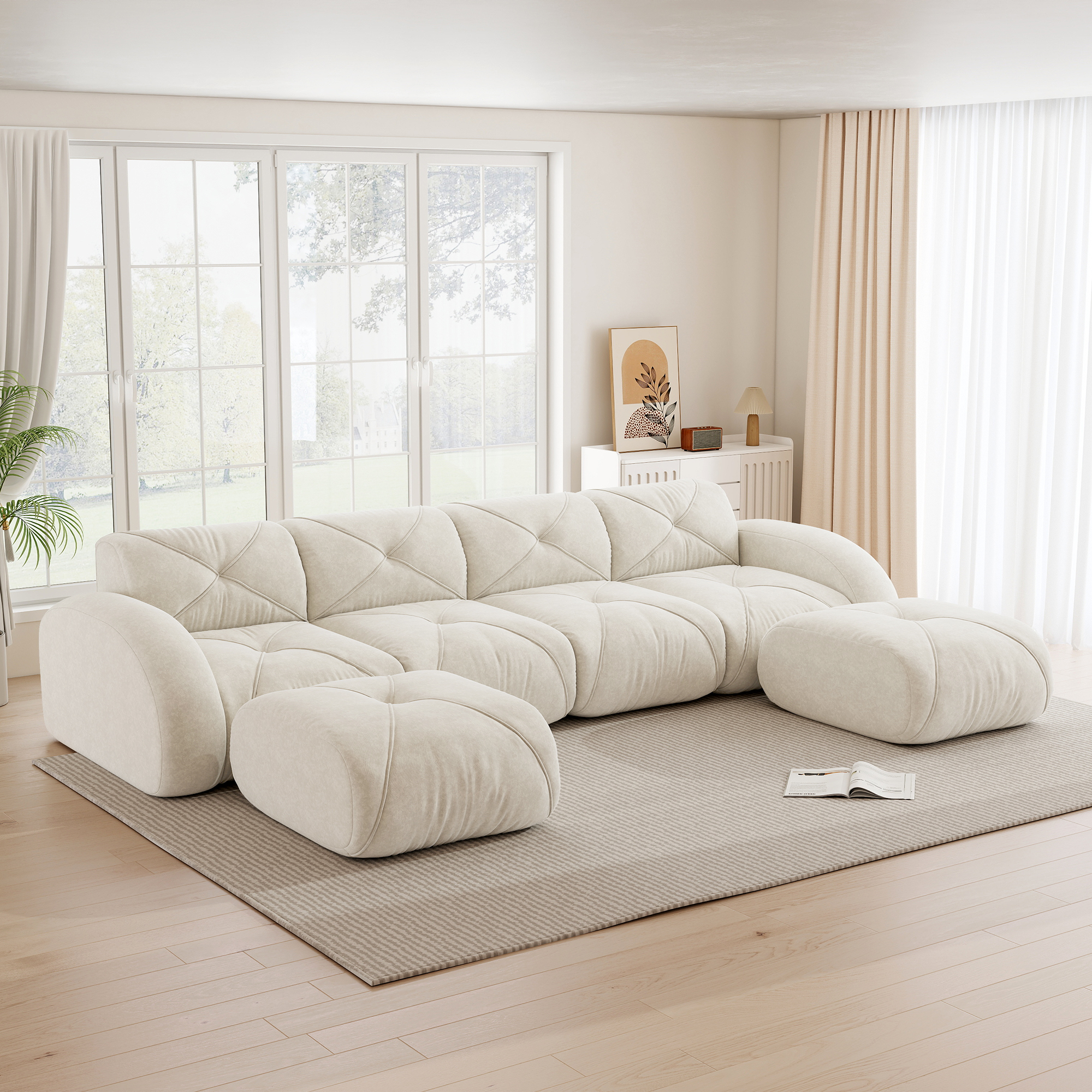 Canapé modulable 4 places en U, canapé panoramique sans dossier revêtement Chenille couleur Beige clair pour salon moderne