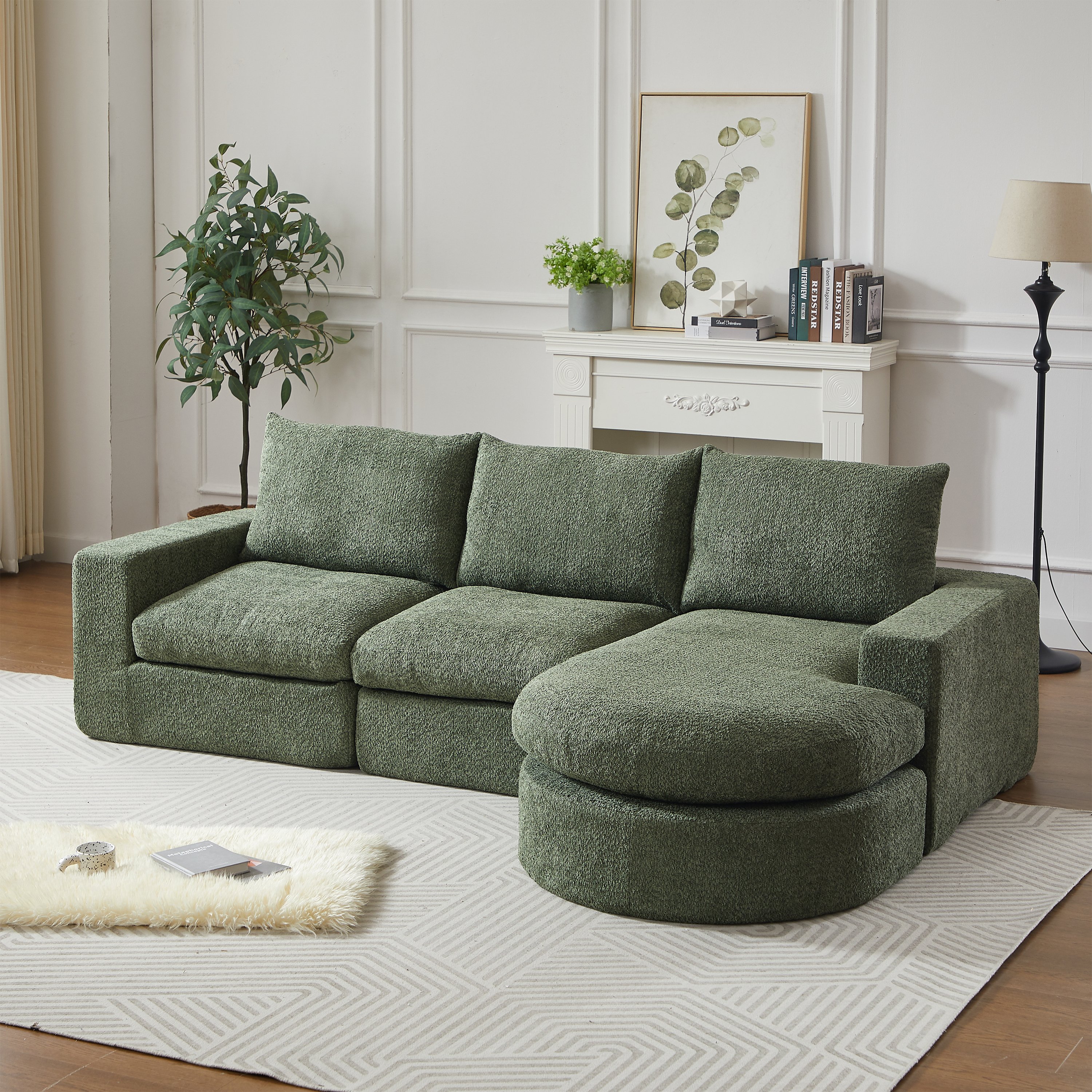Fauteuil Modulable Vert en Chenille avec Rangement Intégré et Méridienne Réversible pour Salon Contemporain