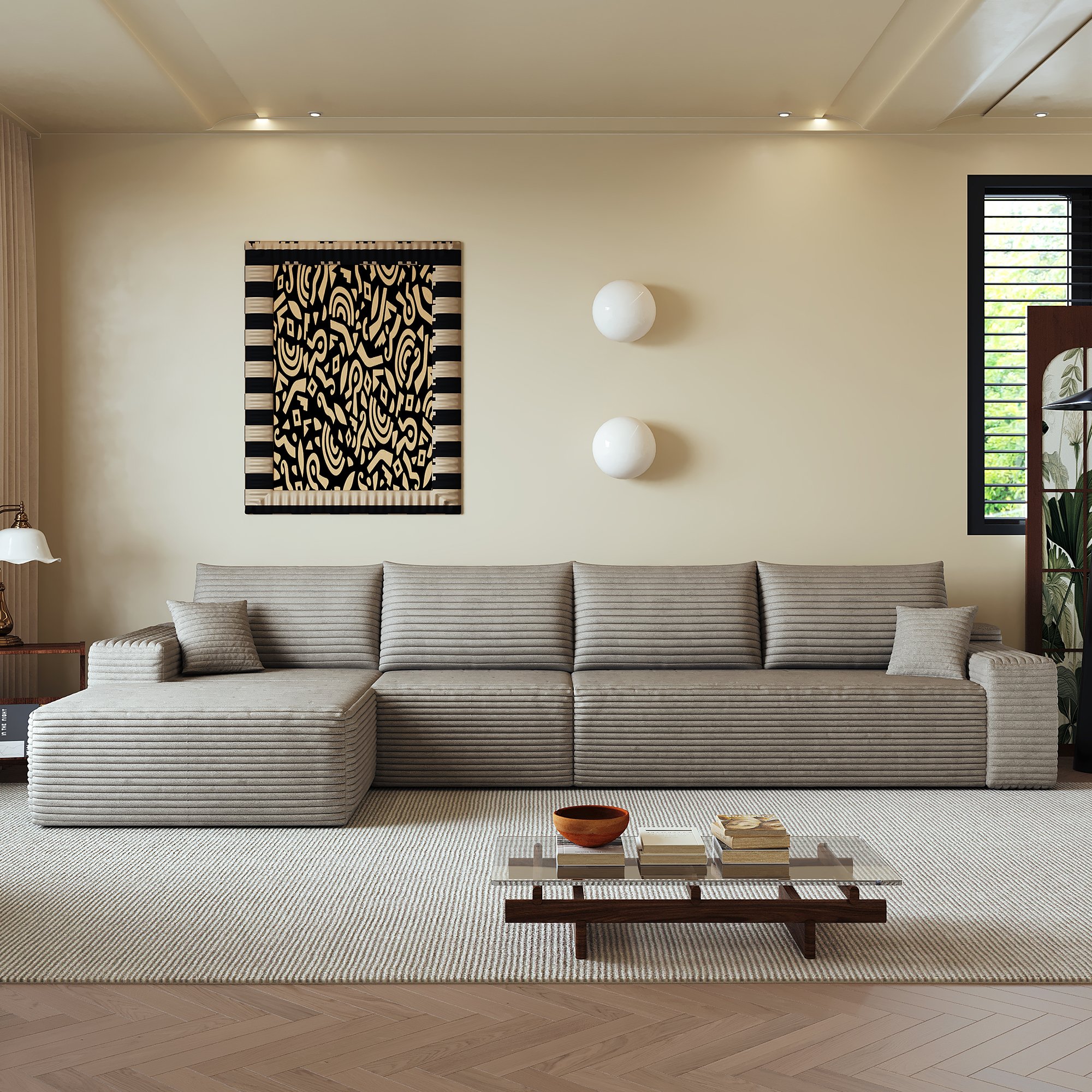 Grand canapé d'angle 340cm largeur, profondeur 175cm, hauteur 83cm, assise large et confortable, livraison compacte en 3 colis