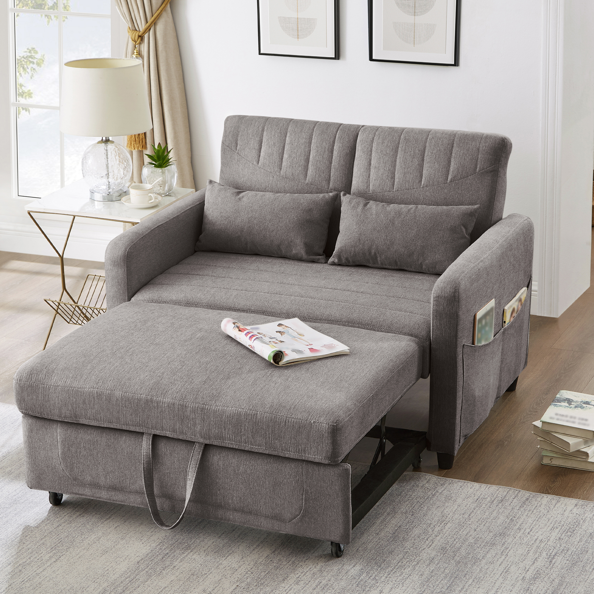 Canapé Convertible 2 Places Gris avec Tiroir de Rangement Intégré et Dossier Réglable sur 3 Positions pour Salon Moderne
