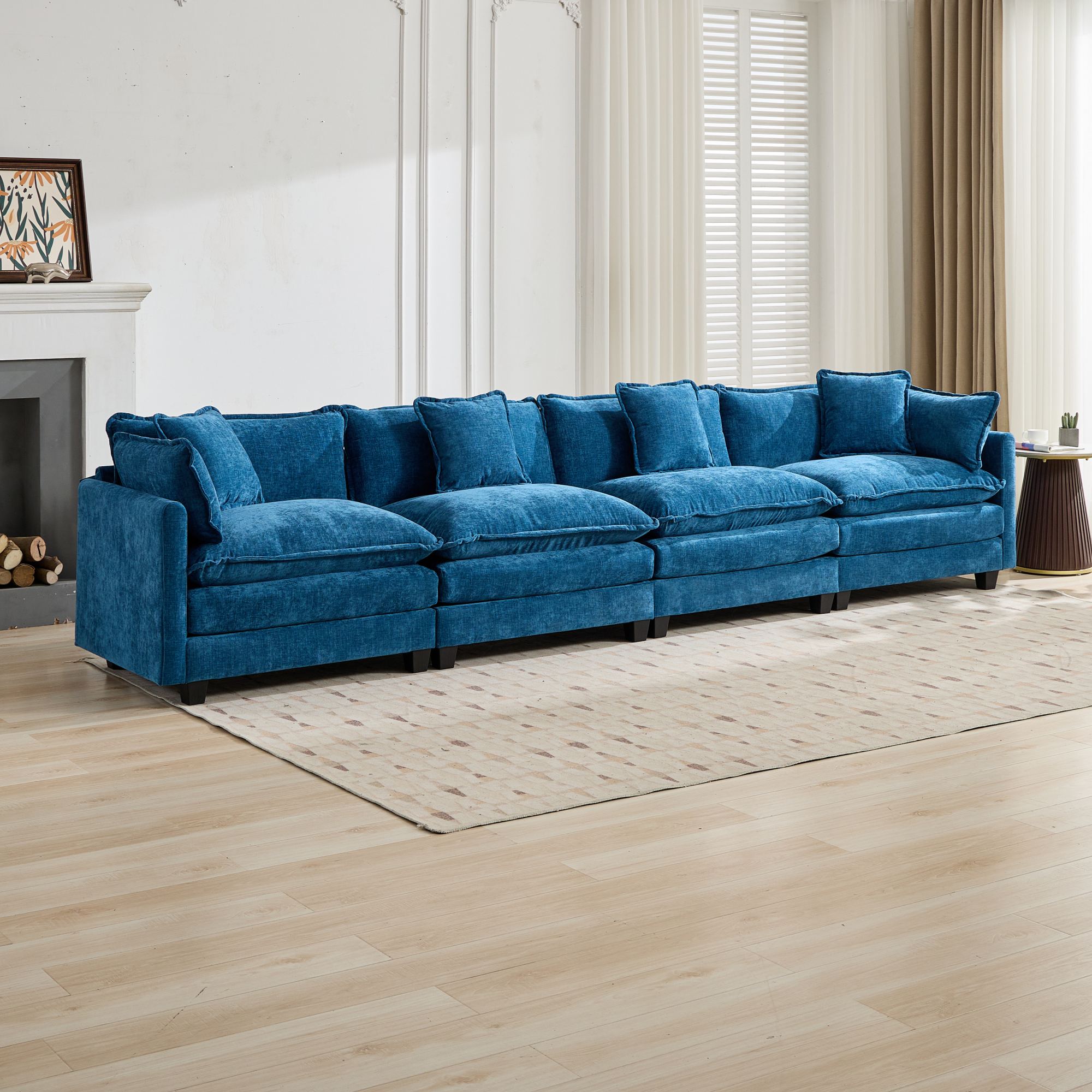 Canapé 4 places 380 cm de large en chenille bleu, canapé modulable pour salon et chambre avec coussins d'appui