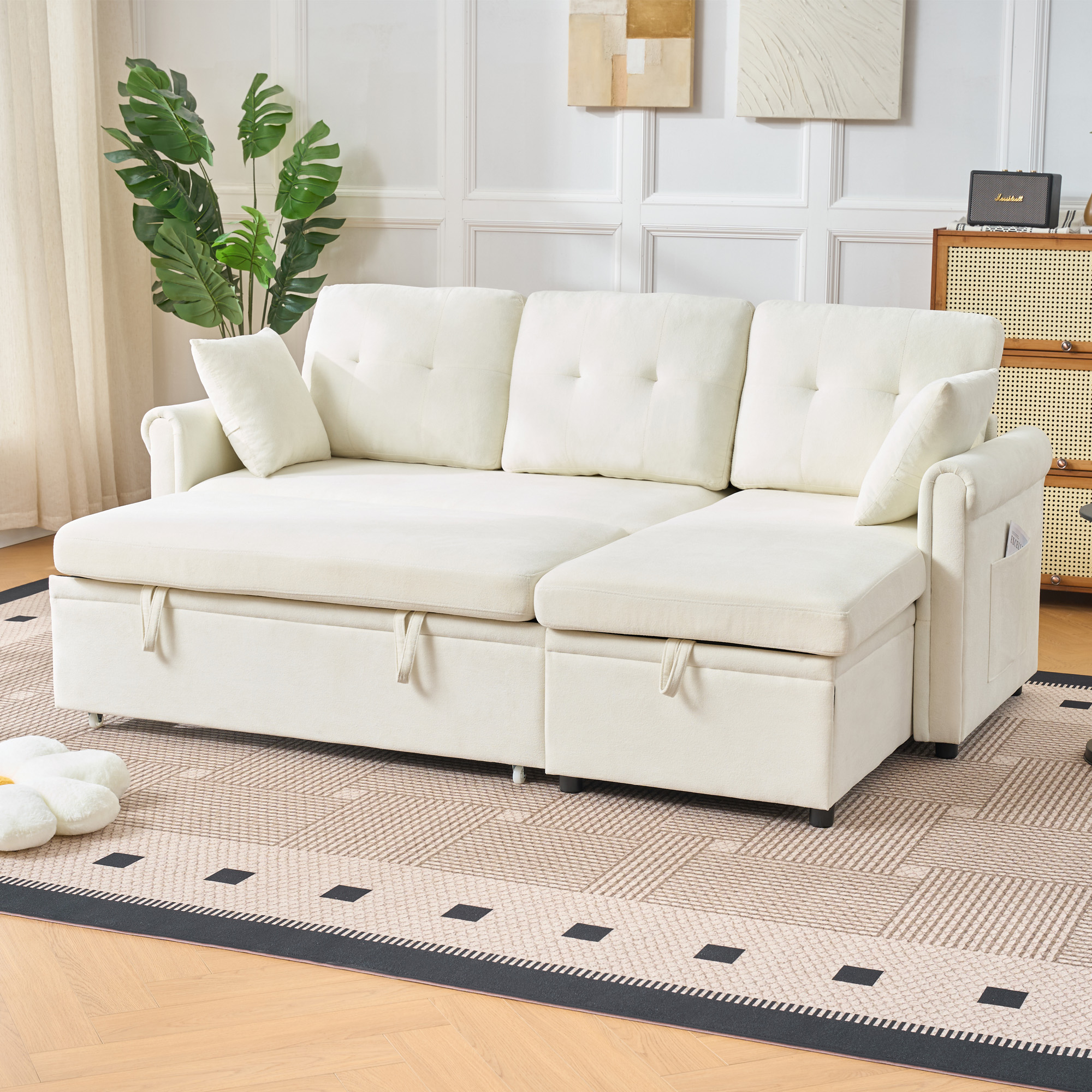 Canapé d'angle convertible beige en chenille avec coffre de rangement, structure réversible droite ou gauche, dimensions 206x130x85 cm pour le salon
