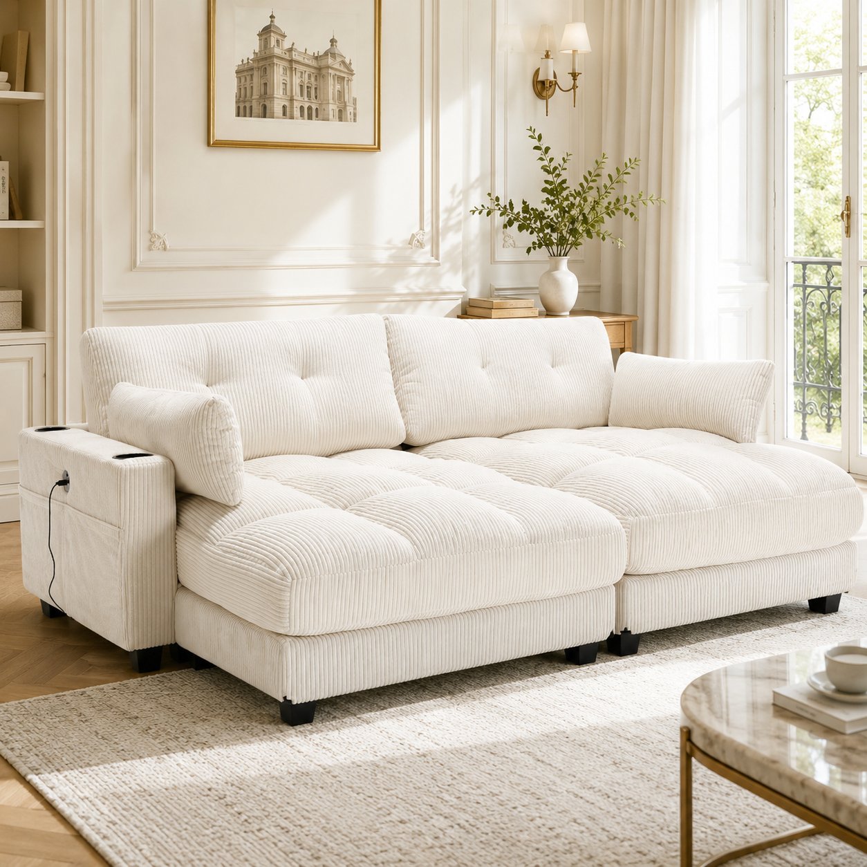 Canapé 2 places modulable se divise en 2 fauteuils individuels, chargeur USB intégré aux accoudoirs, 4 porte-gobelets et rangements