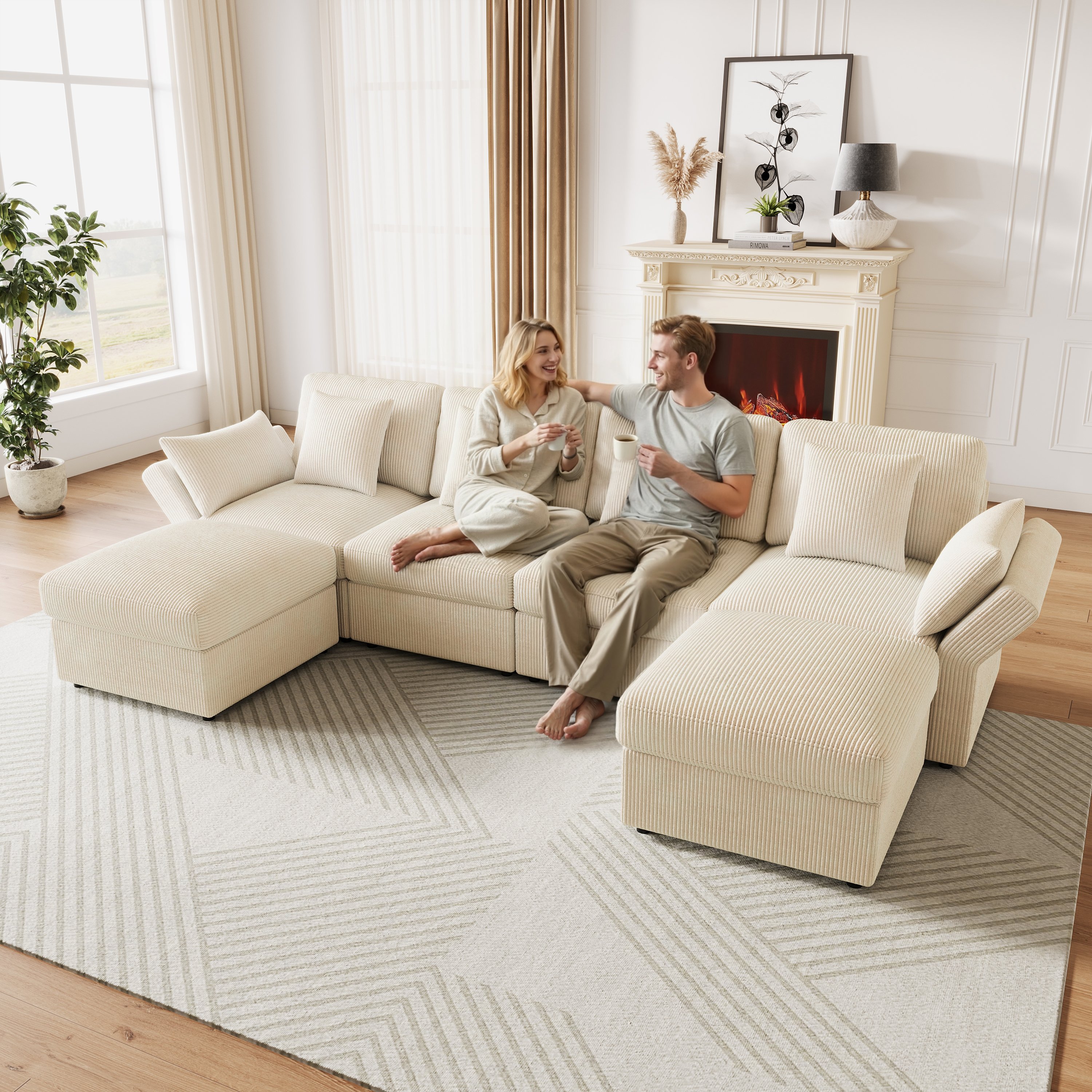 Canapé d'angle 6 places modulable avec accoudoirs réglables, pouf amovible et rangement intégré